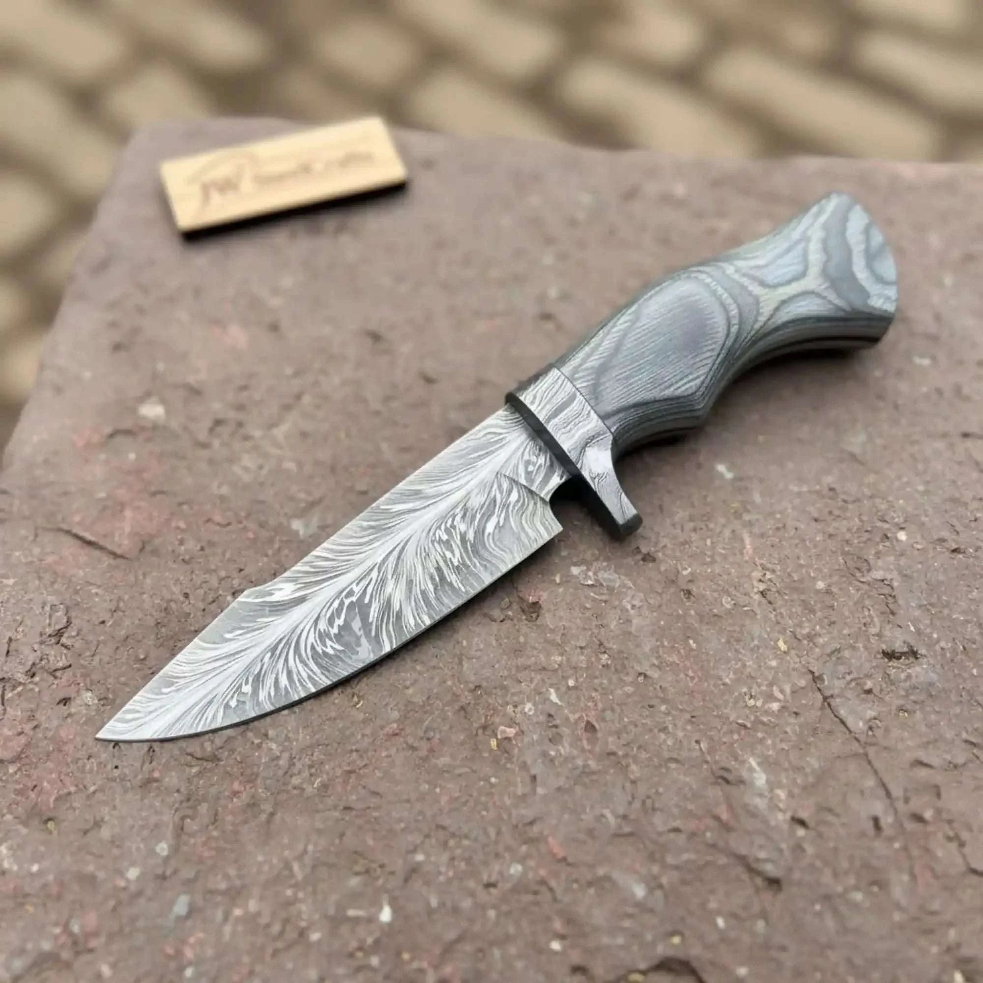 Palmarius Outdoors Bobcat Style Drop Point Hunting Knife Feather Damascus Blade Gray Pakka Wood Handle EDC Fixed Blade