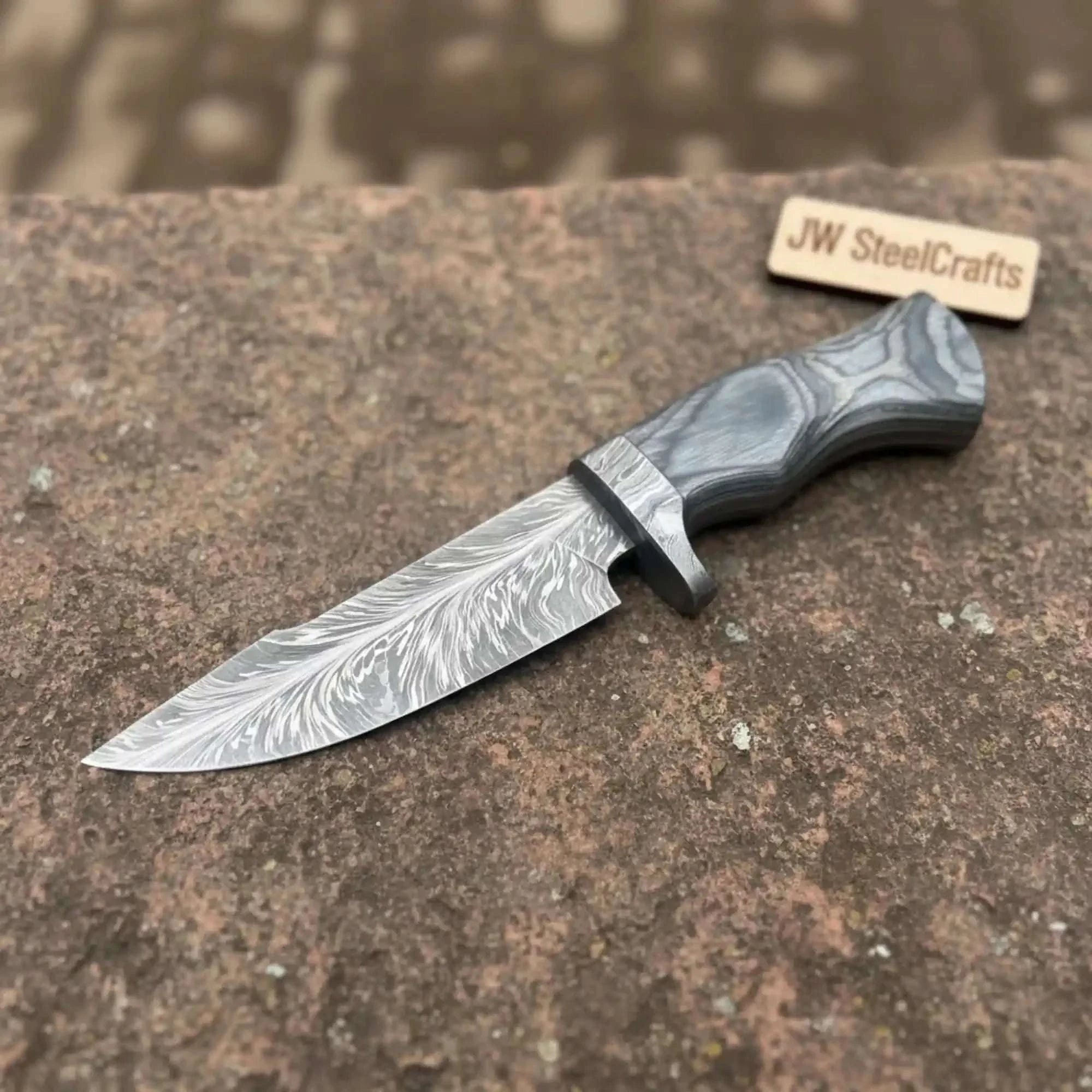 Palmarius Outdoors Bobcat Style Drop Point Hunting Knife Feather Damascus Blade Gray Pakka Wood Handle EDC Fixed Blade