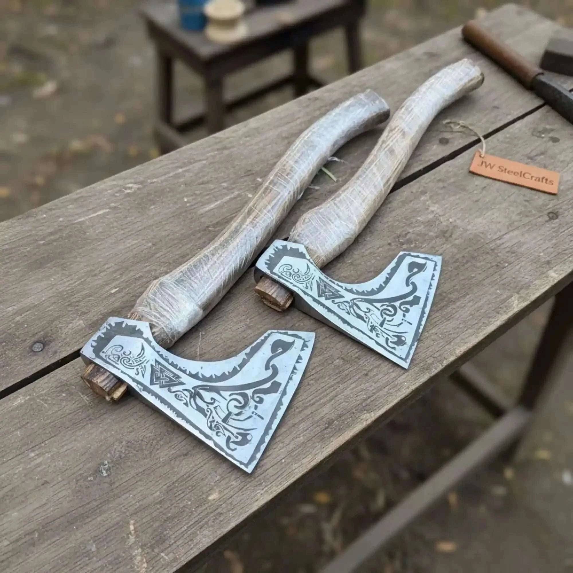 Palmarius Outdoors Norse Bearded Axe Pair — Viking Style Handmade Wood Cutting Tool Viking Axes