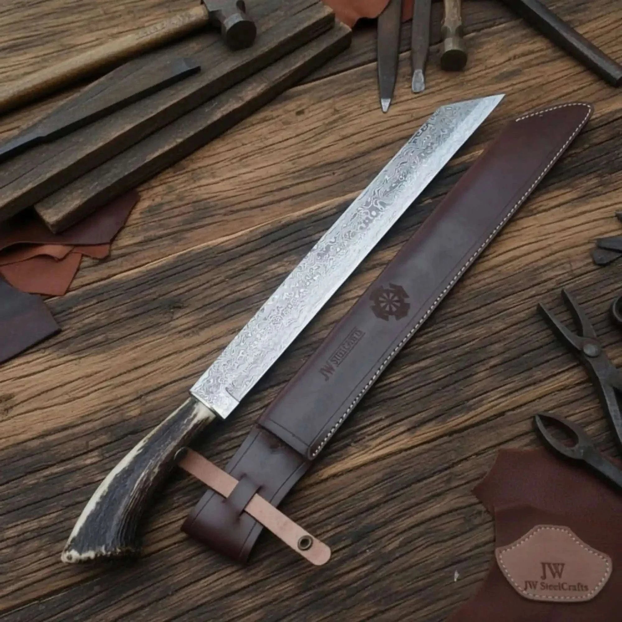 Palmarius Outdoors Long Seax Knife Straight Back Blade-Damascus steel | Medieval Style Knife