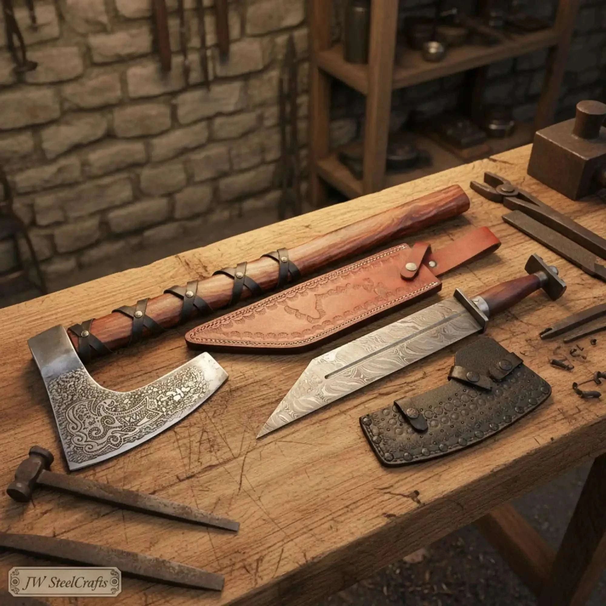 Palmarius Outdoors Viking Bearded Axe and Seax Knife Set | Bushcraft Wood Cutting
