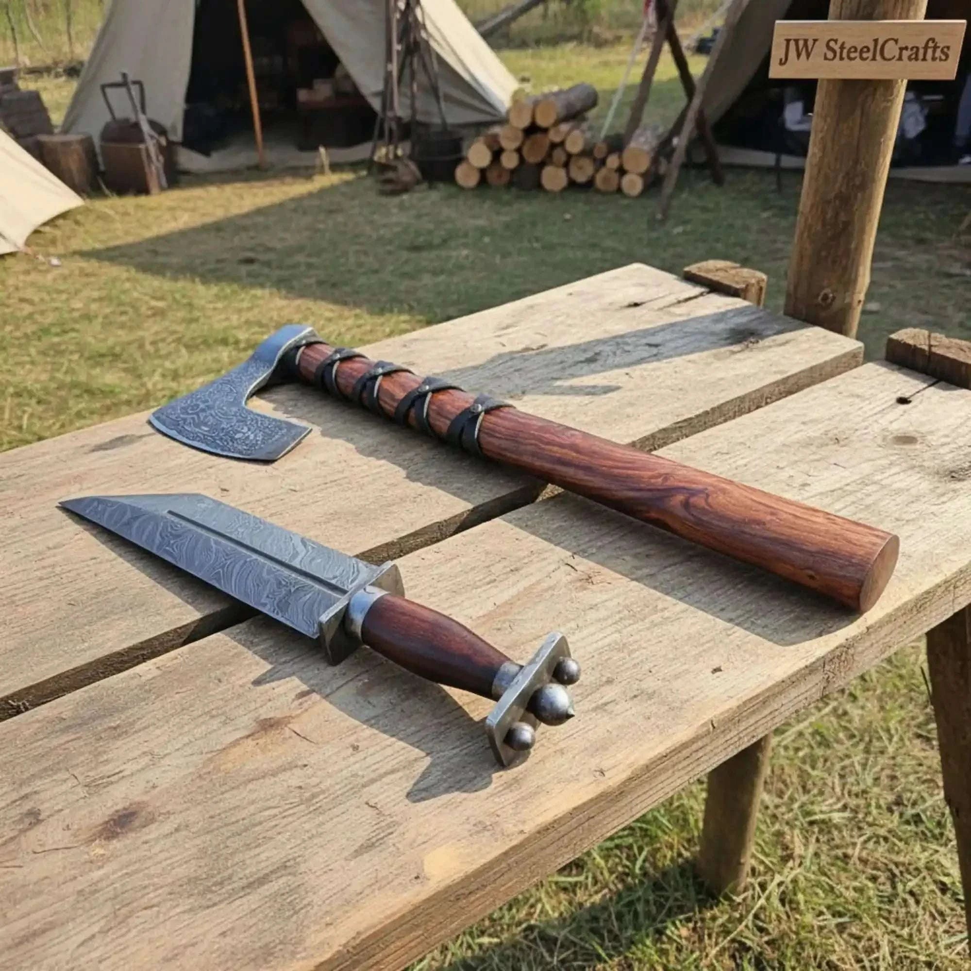 Palmarius Outdoors Viking Bearded Axe and Seax Knife Set | Bushcraft Wood Cutting