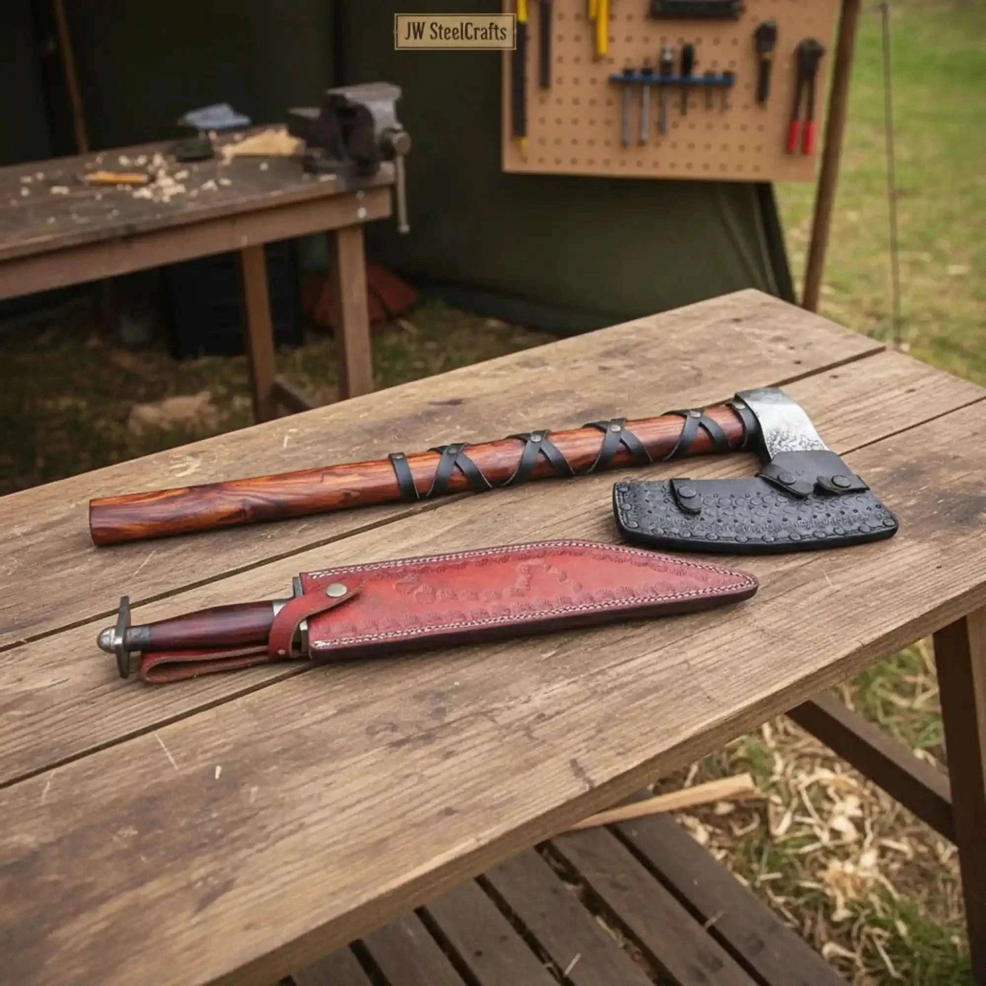 Palmarius Outdoors Viking Bearded Axe and Seax Knife Set | Bushcraft Wood Cutting
