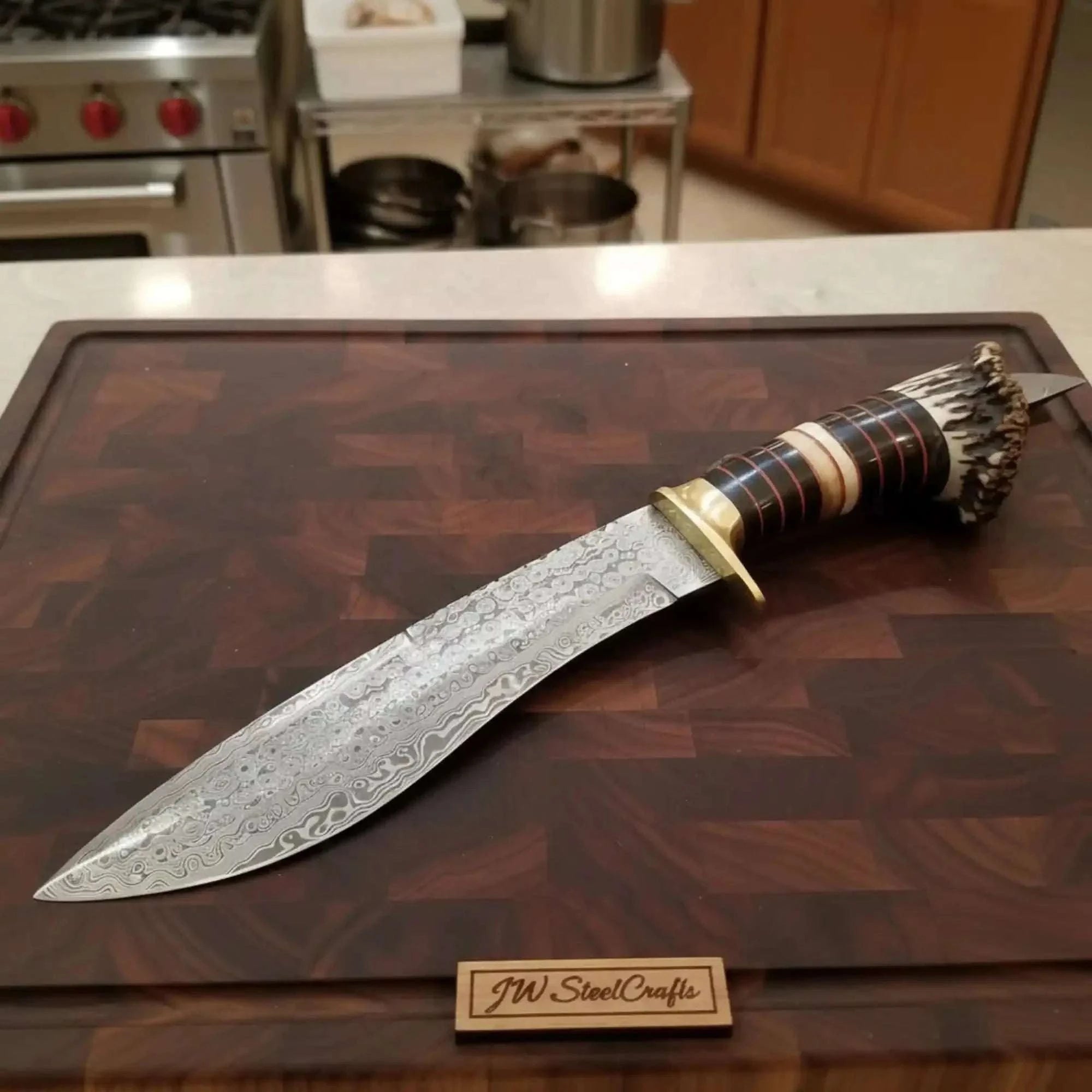 Palmarius Outdoors Handmade Damascus Bowie Knife with Stag Horn Handle | Full Tang Fixed Blade