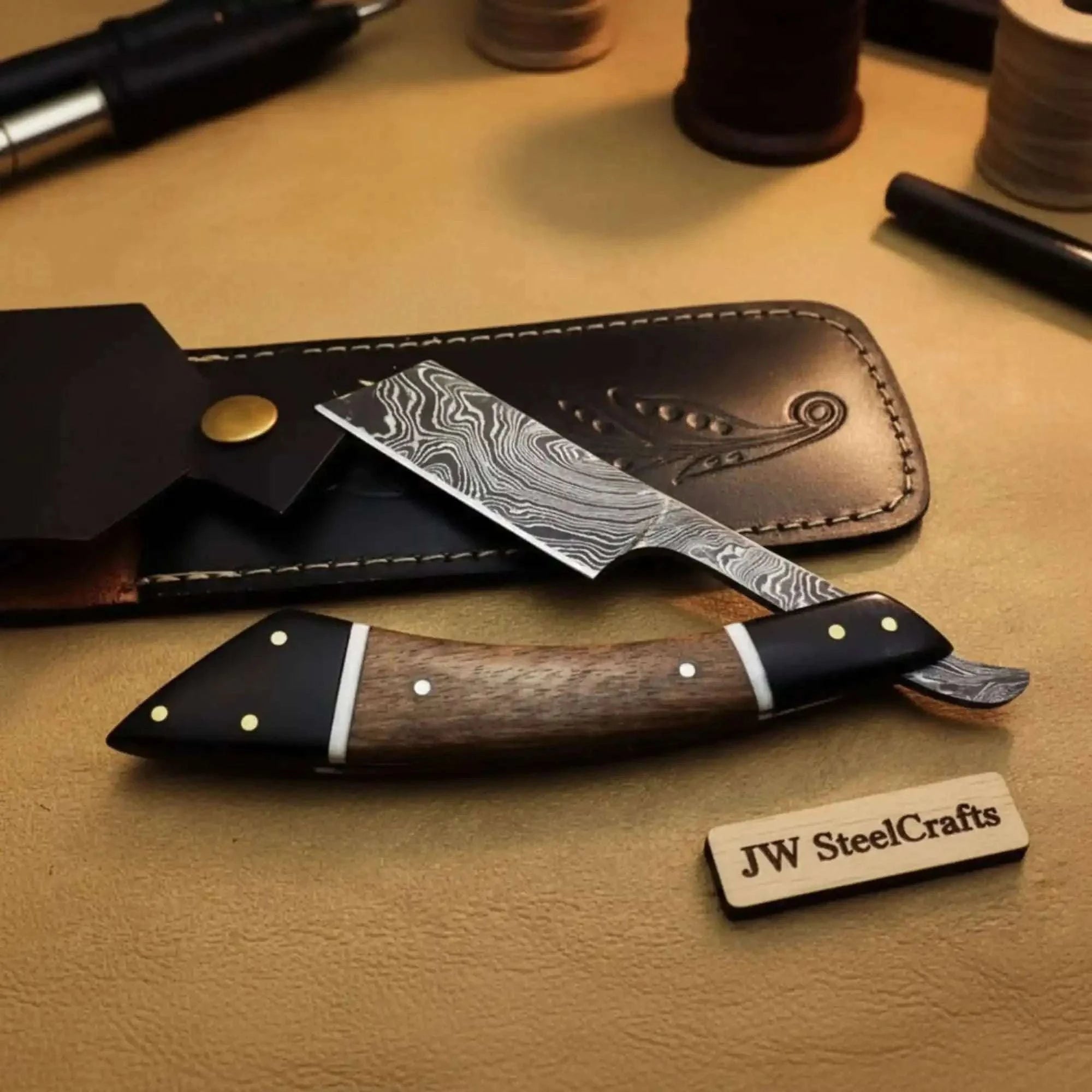 Palmarius Outdoors Handmade Damascus Folding Straight Razor with Rose Wood & Black Resin Handle