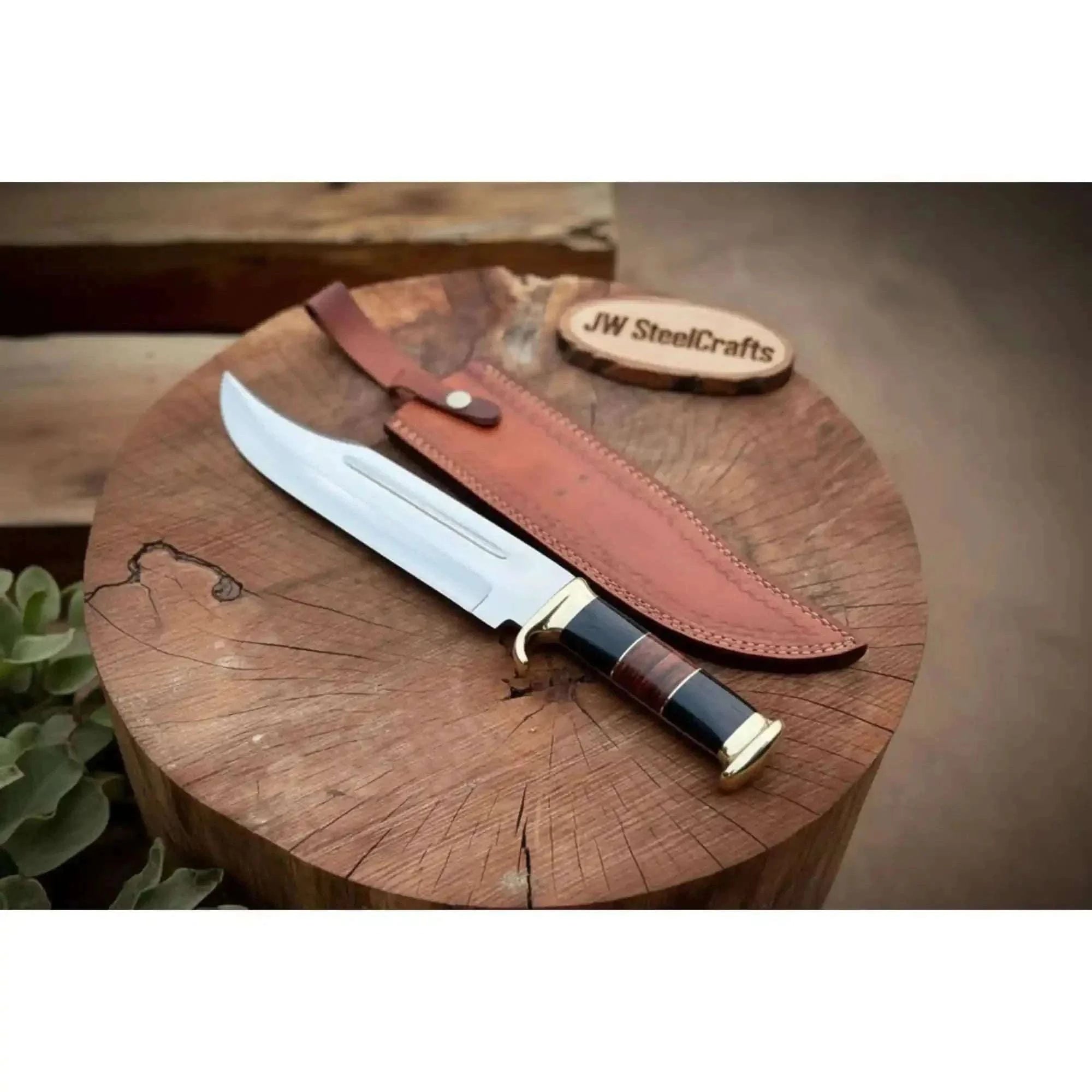 Palmarius Outdoors Handmade Dundee Bowie Knife -Carbon Steel Blade with resin and leather stacked Handle & Leather Sheath Bowie Knife