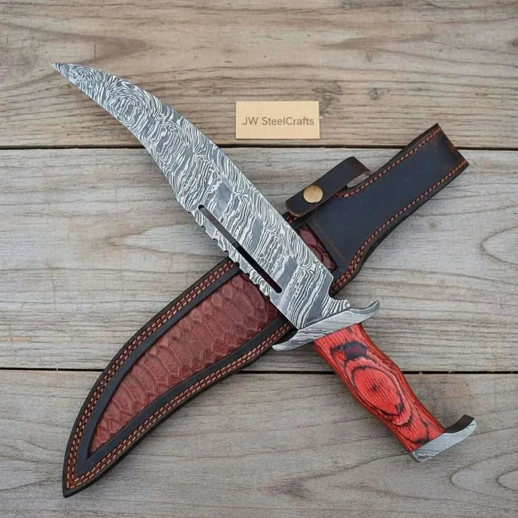 Palmarius Outdoors Frontier Fuller Bowie Knife 12 Fire Pattern Handmade Damascus Steel Bowie Knife