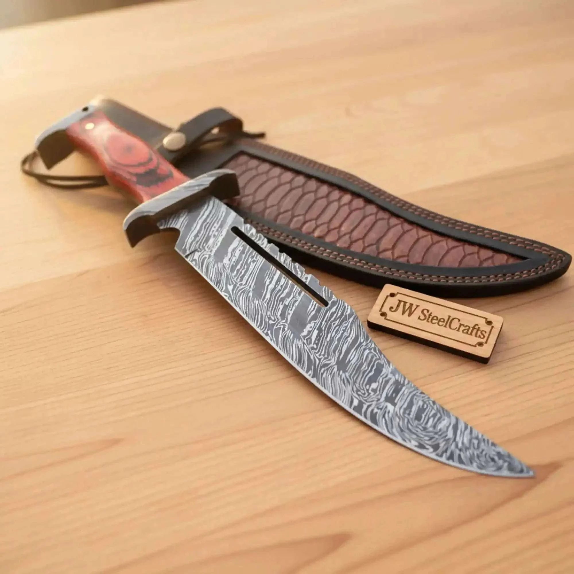 Palmarius Outdoors Frontier Fuller Bowie Knife 12 Fire Pattern Handmade Damascus Steel Bowie Knife