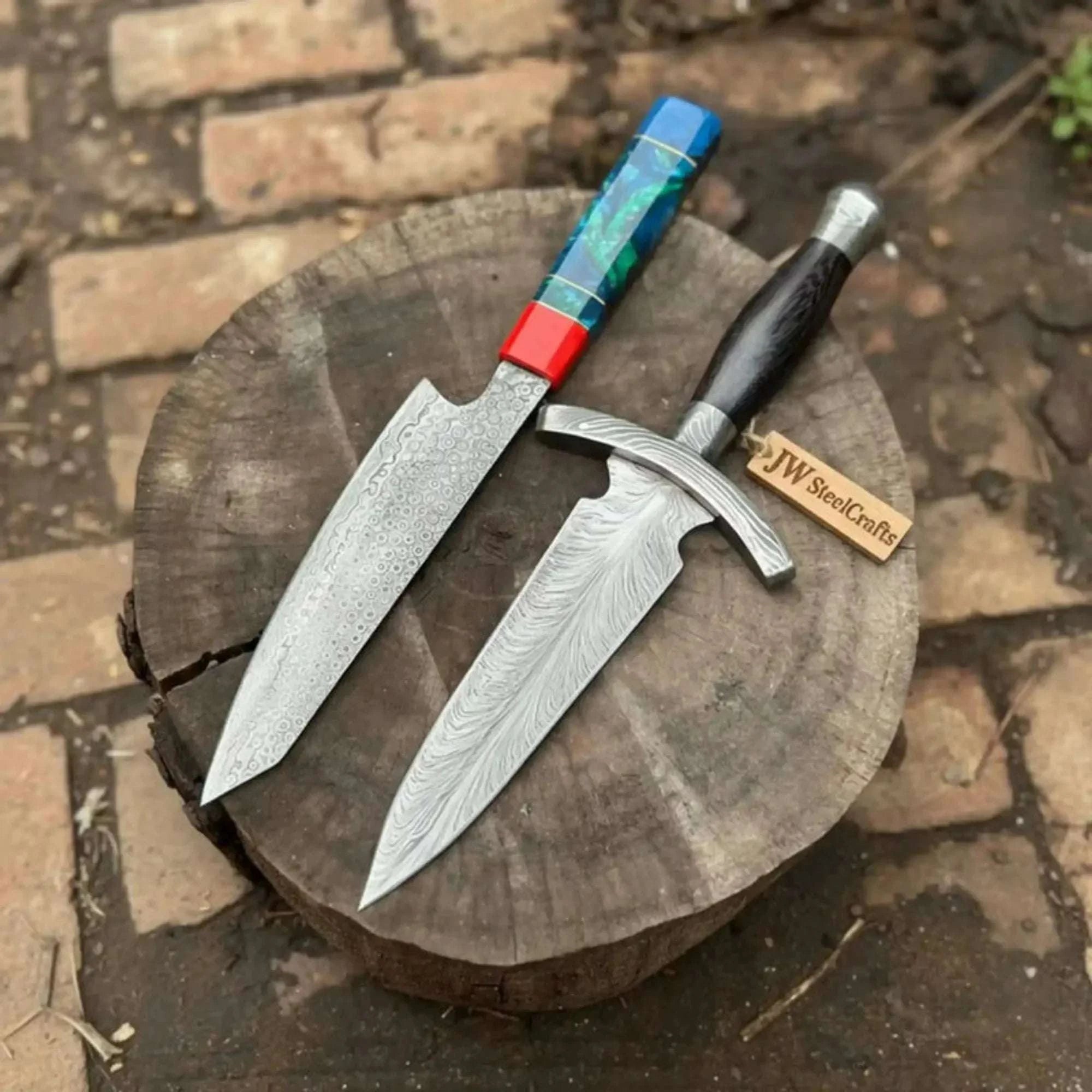 Palmarius Outdoors Damascus Kiritsuke & Dagger Knife Set Fixed Blade Resin and Wooden Handle Japanese European Style