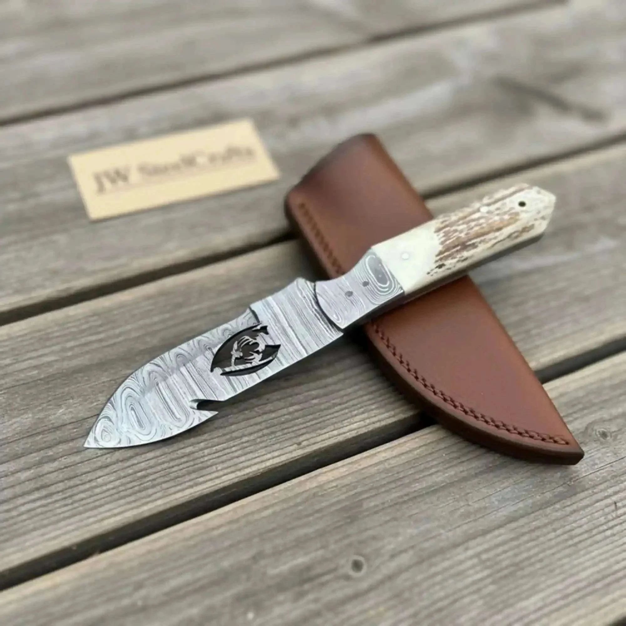 Palmarius Outdoors Damascus Gut Hook Hunting Knife Fixed Blade Synthetic Stag Handle with Leather Sheath