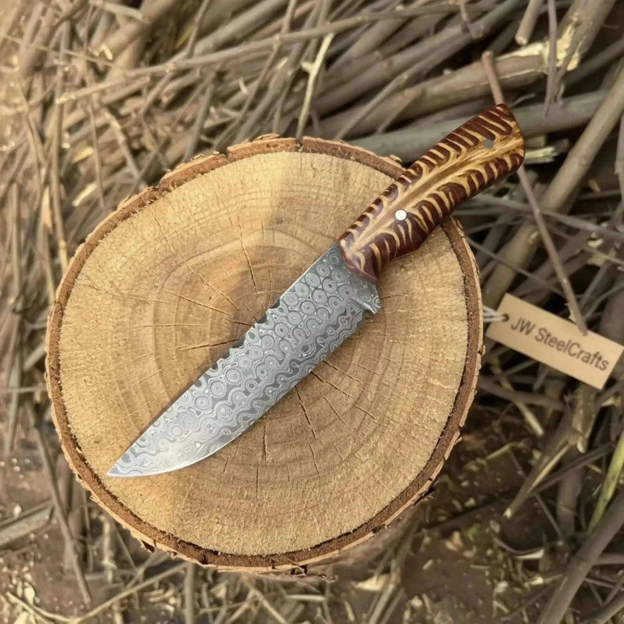 Palmarius Outdoors Fixed Blade Knife Damascus Steel Straight Back Blade Red Pine cone Handle
