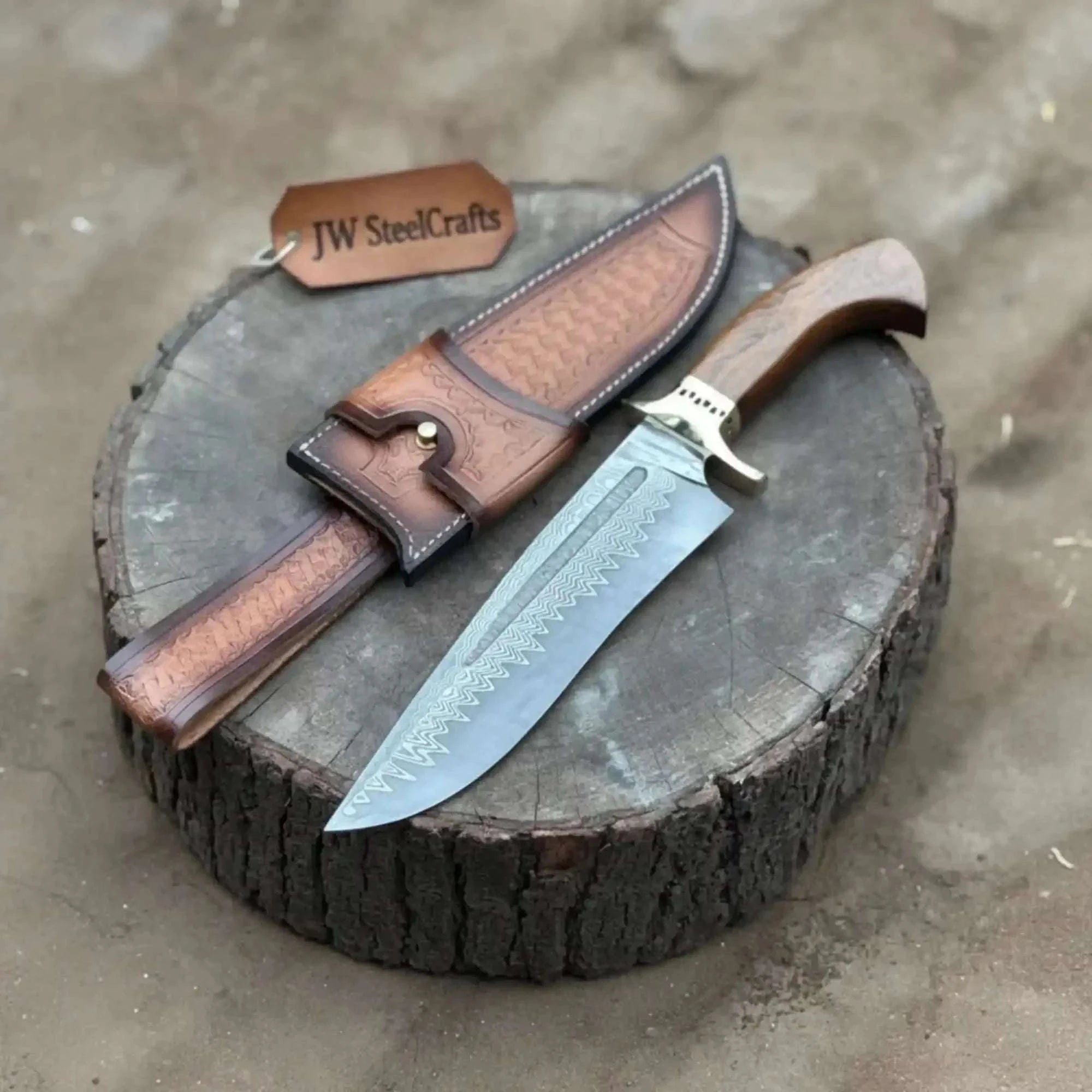 Palmarius Outdoors Handmade San Mai Damascus Bowie Knife 9-Inch Laminated Blade with Rosewood Handle