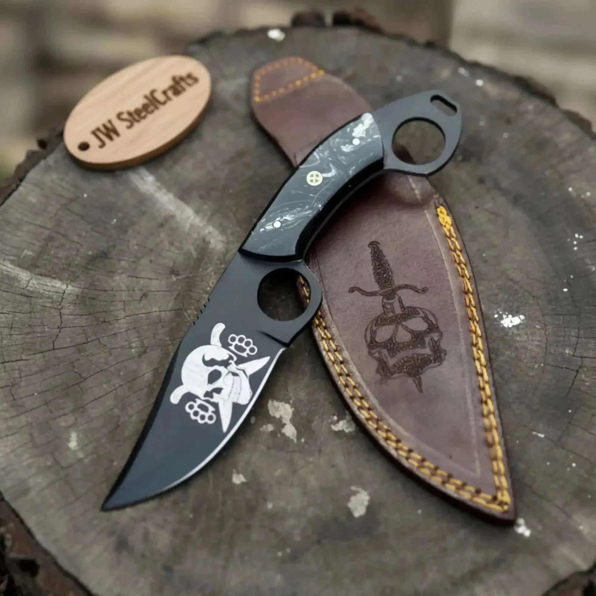 Palmarius Outdoors Handmade Compact Utility Ring Knife 8-Inch Skull-Etched Blade with Black Resin Handle