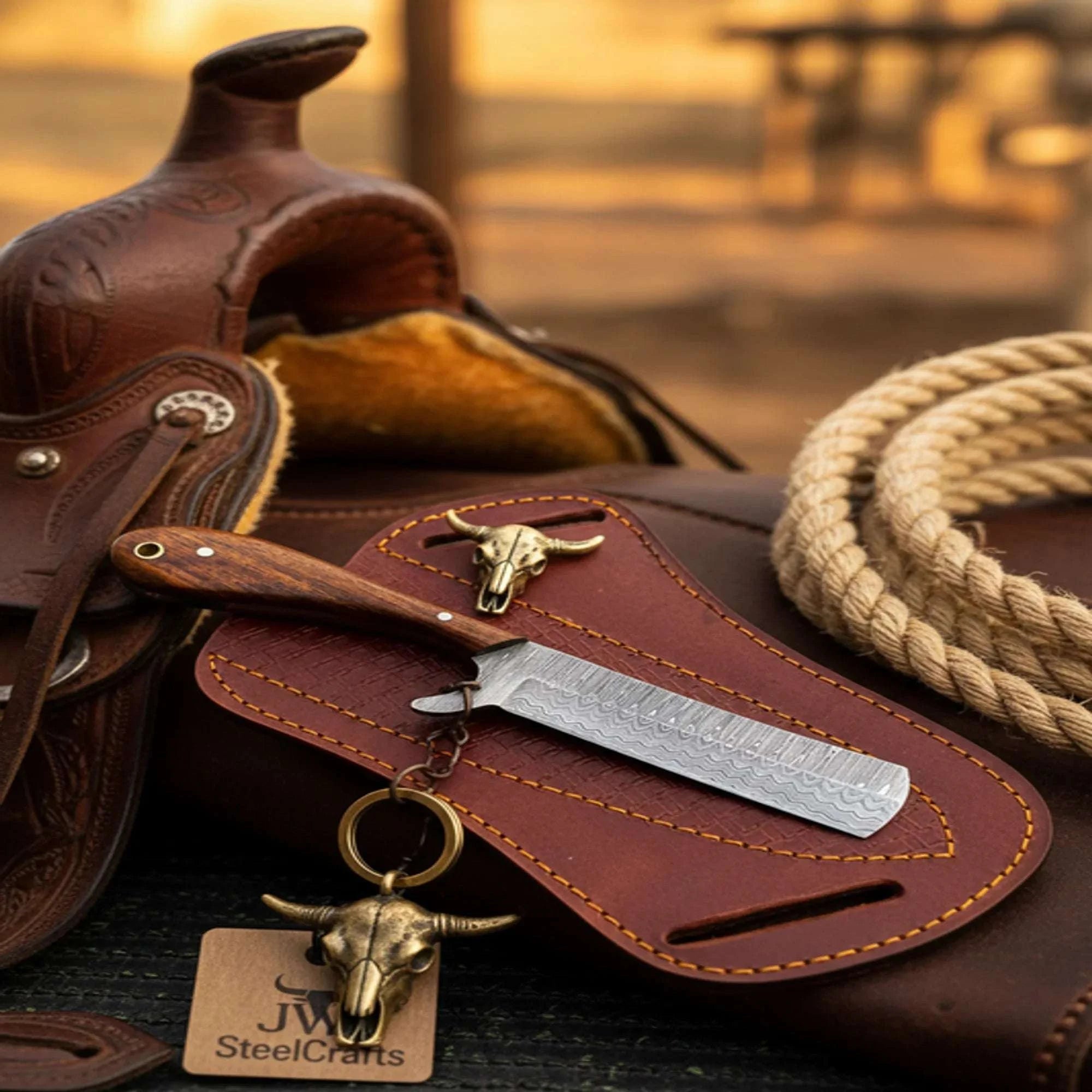 Palmarius Outdoors Damascus Bull Cutter Knife with Rosewood Handle and Bull Skull Charm Hunting Knife