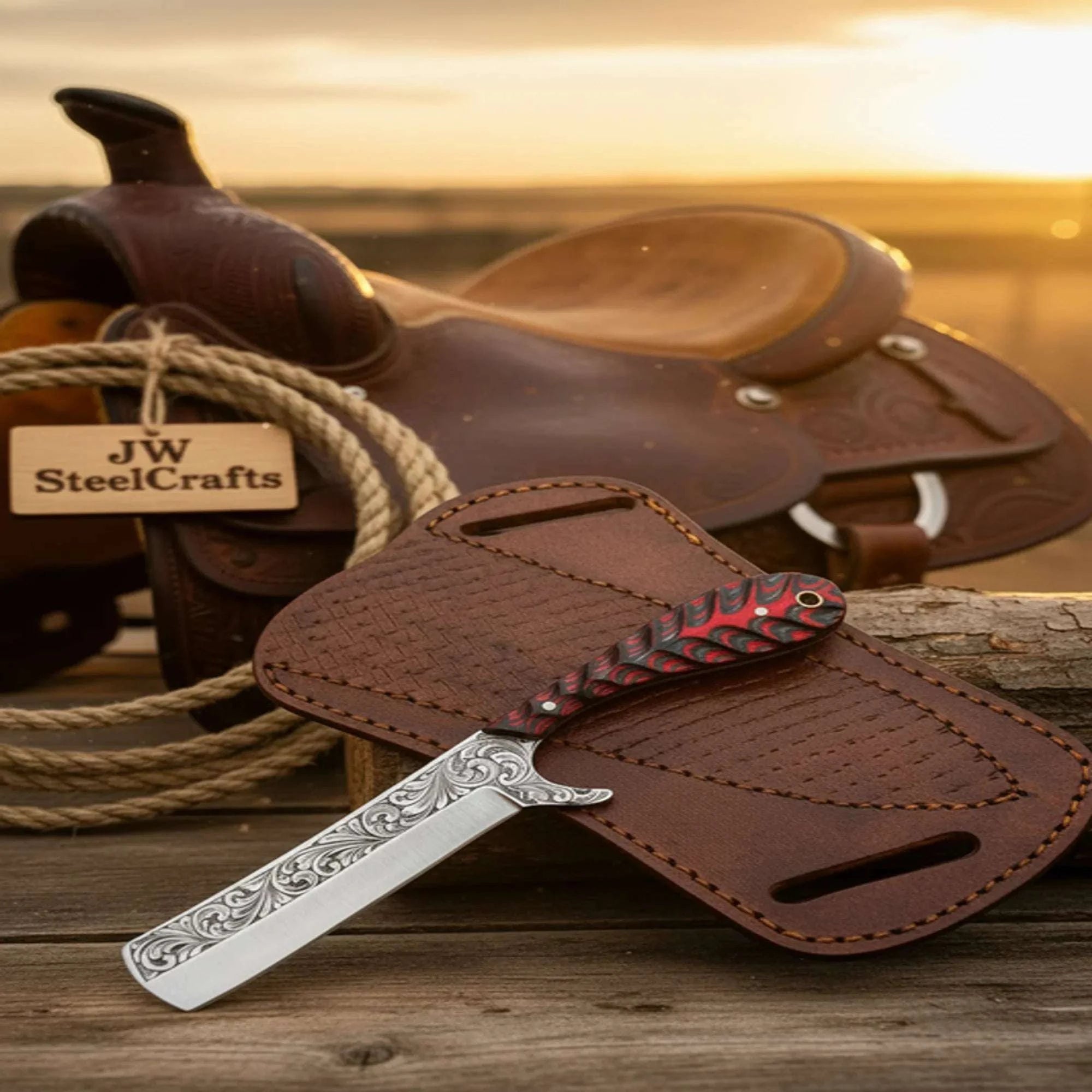 Palmarius Outdoors Engraved Back Bull Cutter Knife with Colored Wood Handle Hunting Knife
