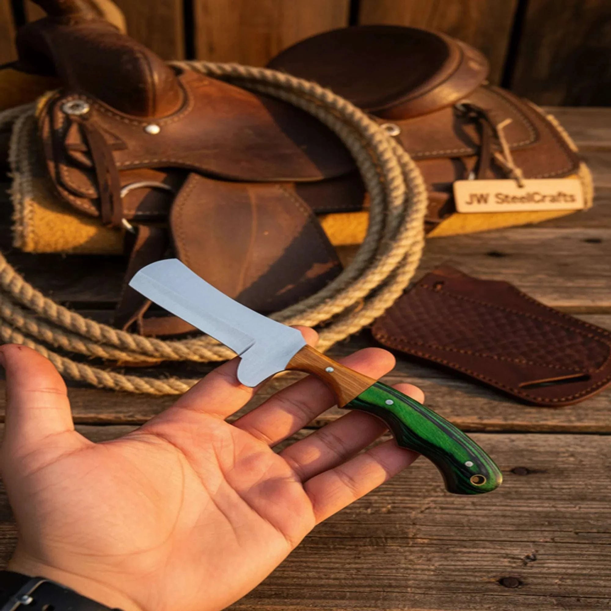 Palmarius Outdoors Straight Razor Castration Knife with Olive and Pakka Wood Handle Damascus Straight Razors
