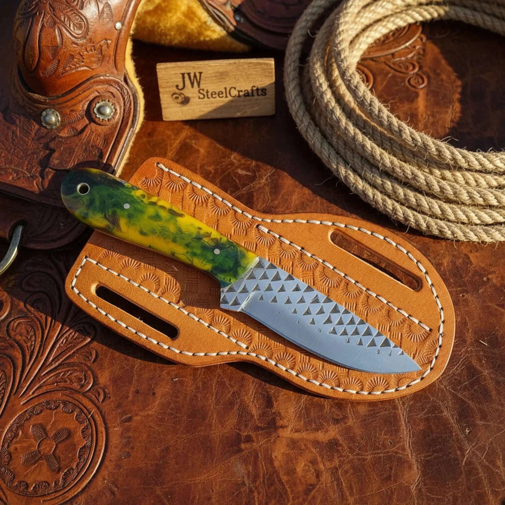 Palmarius Outdoors Handmade Rasp Steel Hunting Knife 7" with Resin Hybrid Burl Wood Handle & Leather Sheath