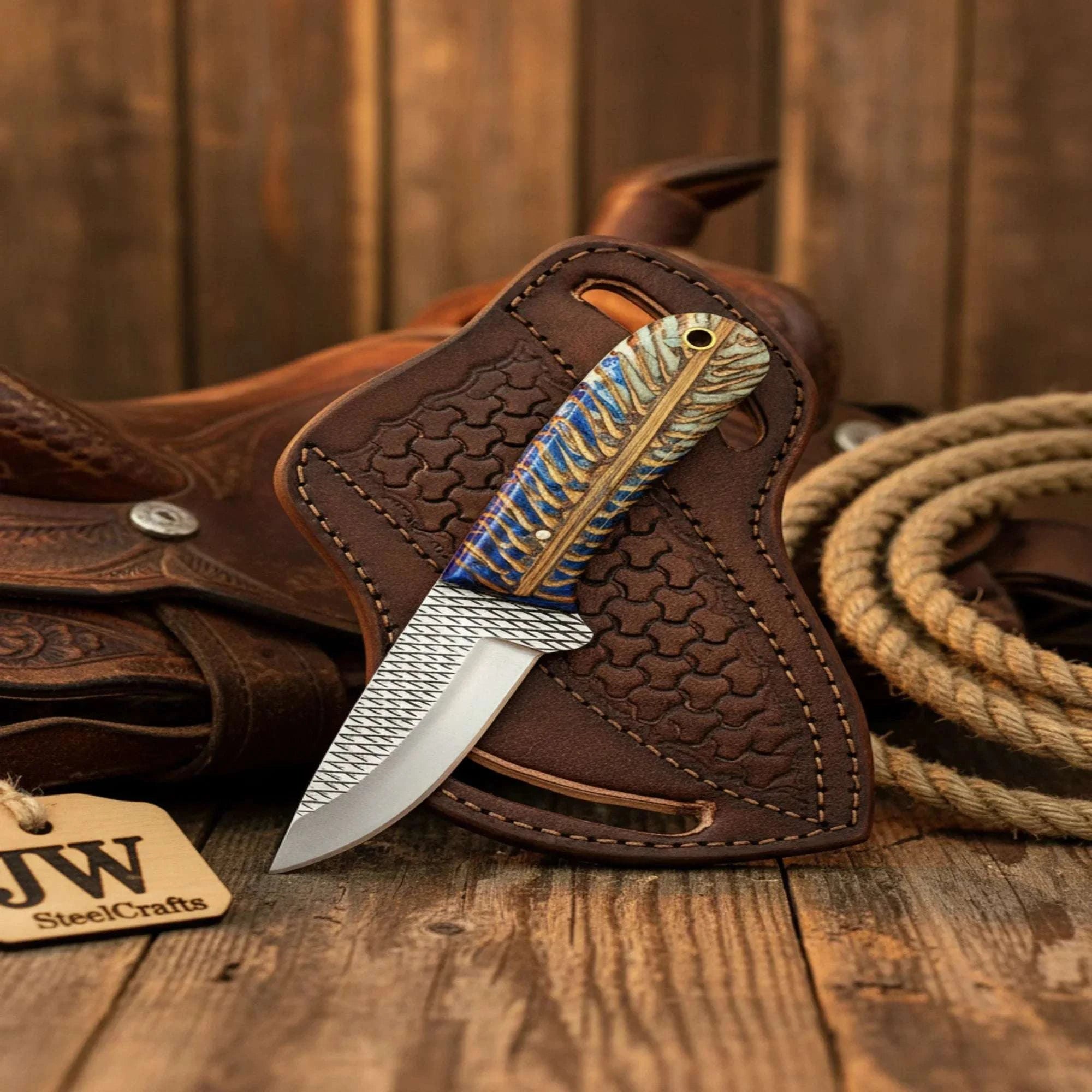 Palmarius Outdoors Hawkwing Skinner Knife 6" Purple Pinecone Handle Full Tang Western Cross Draw Sheath Skinner Knife
