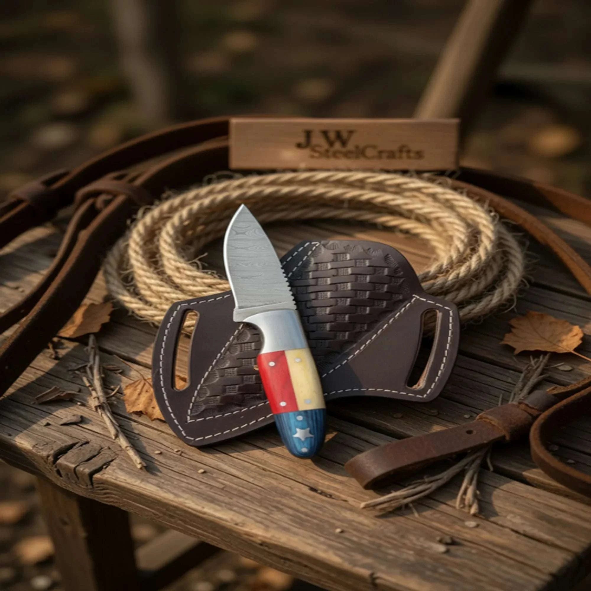 Palmarius Outdoors Texas Flag Hunter Mosaic Knife with Damascus Drop Point Blade Hunting Knife