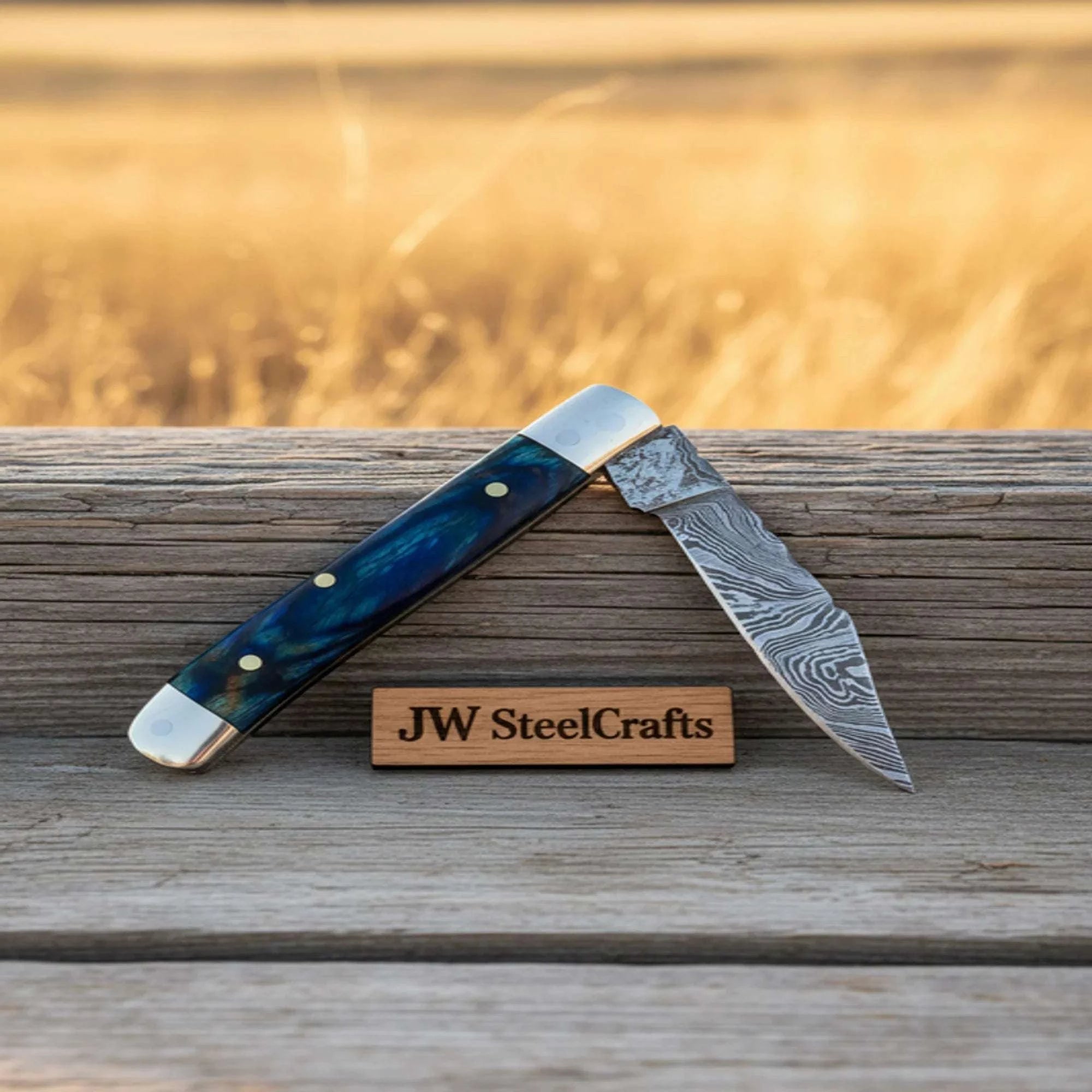 Palmarius Outdoors Custom Damascus Trapper Folding Knife – Blue Pakka Wood Trapper Knives