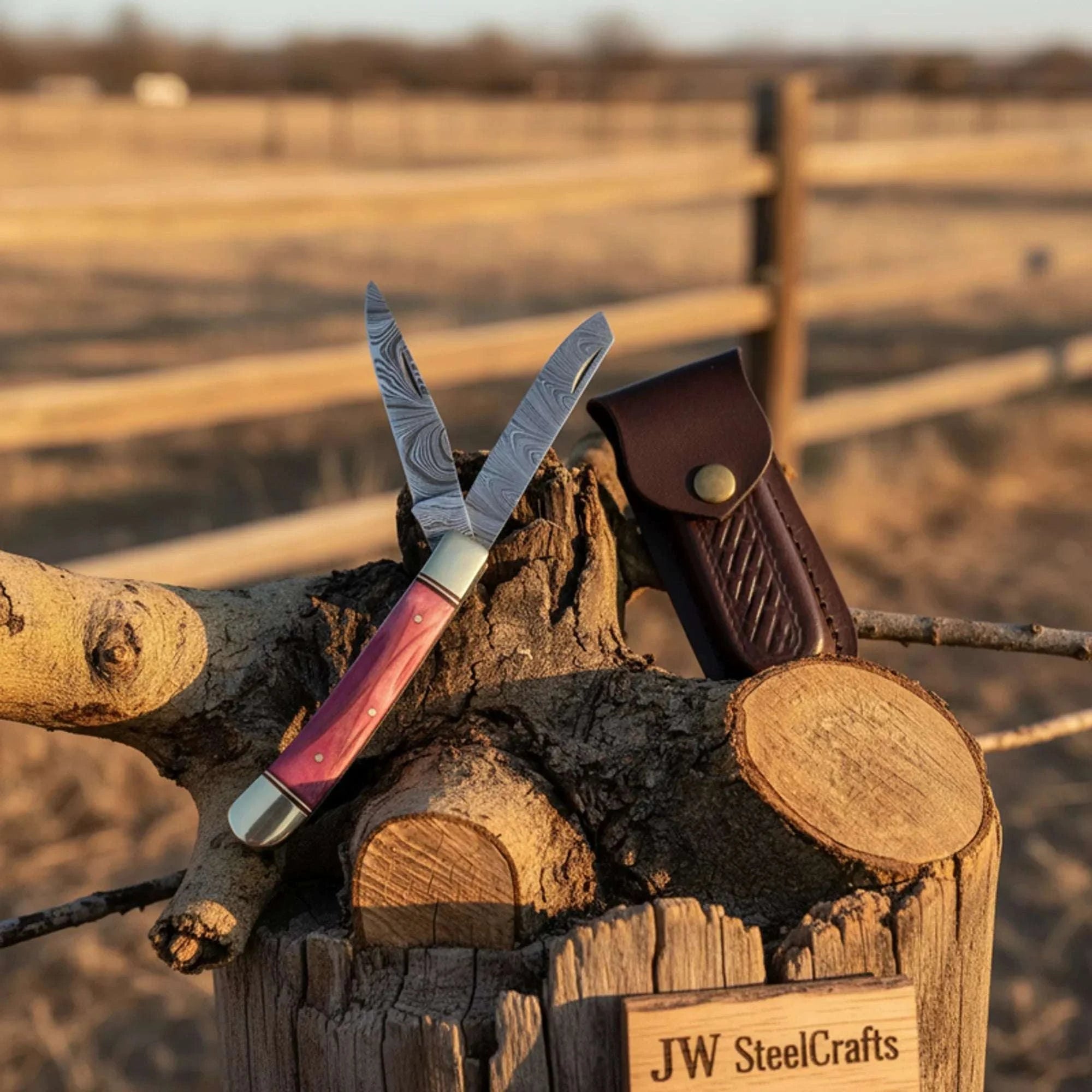 Palmarius Outdoors Backwoods Trapper Knife Two Blade Pink Bone Handle Steel Bolster Slip Joint Folding Knife