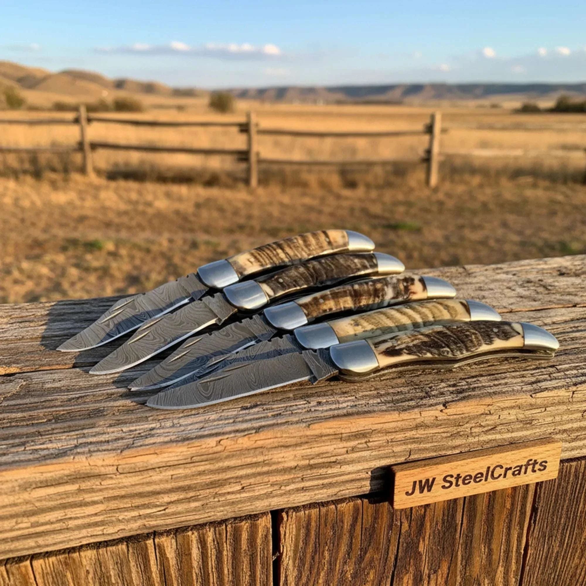 Palmarius Outdoors 5 Piece Ram Horn Folding Knife Set with Steel Bolsters Folding Knife