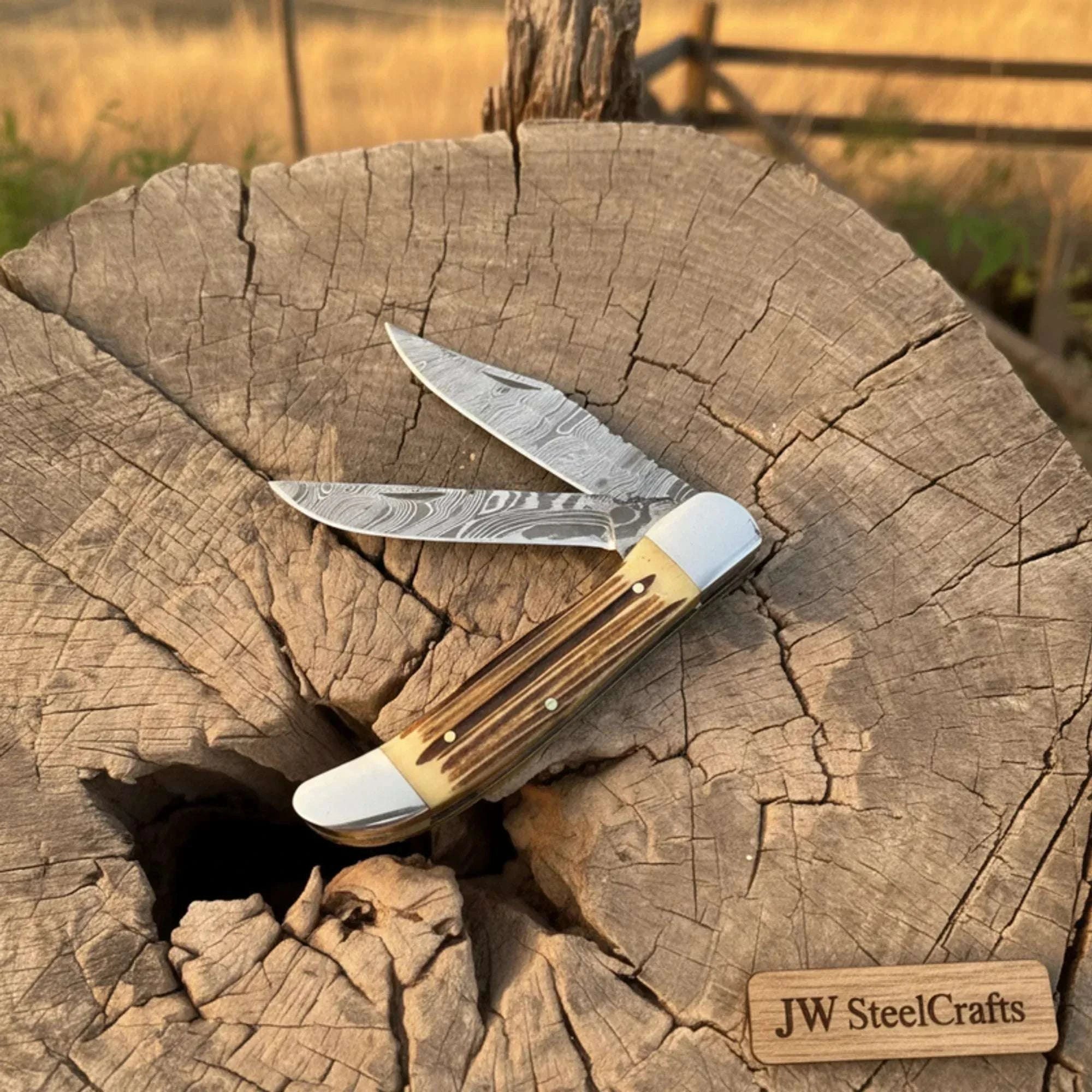 Palmarius Outdoors Handmade Damascus Steel Trapper Knife 4" with Dual Blades & Synthetic Handle