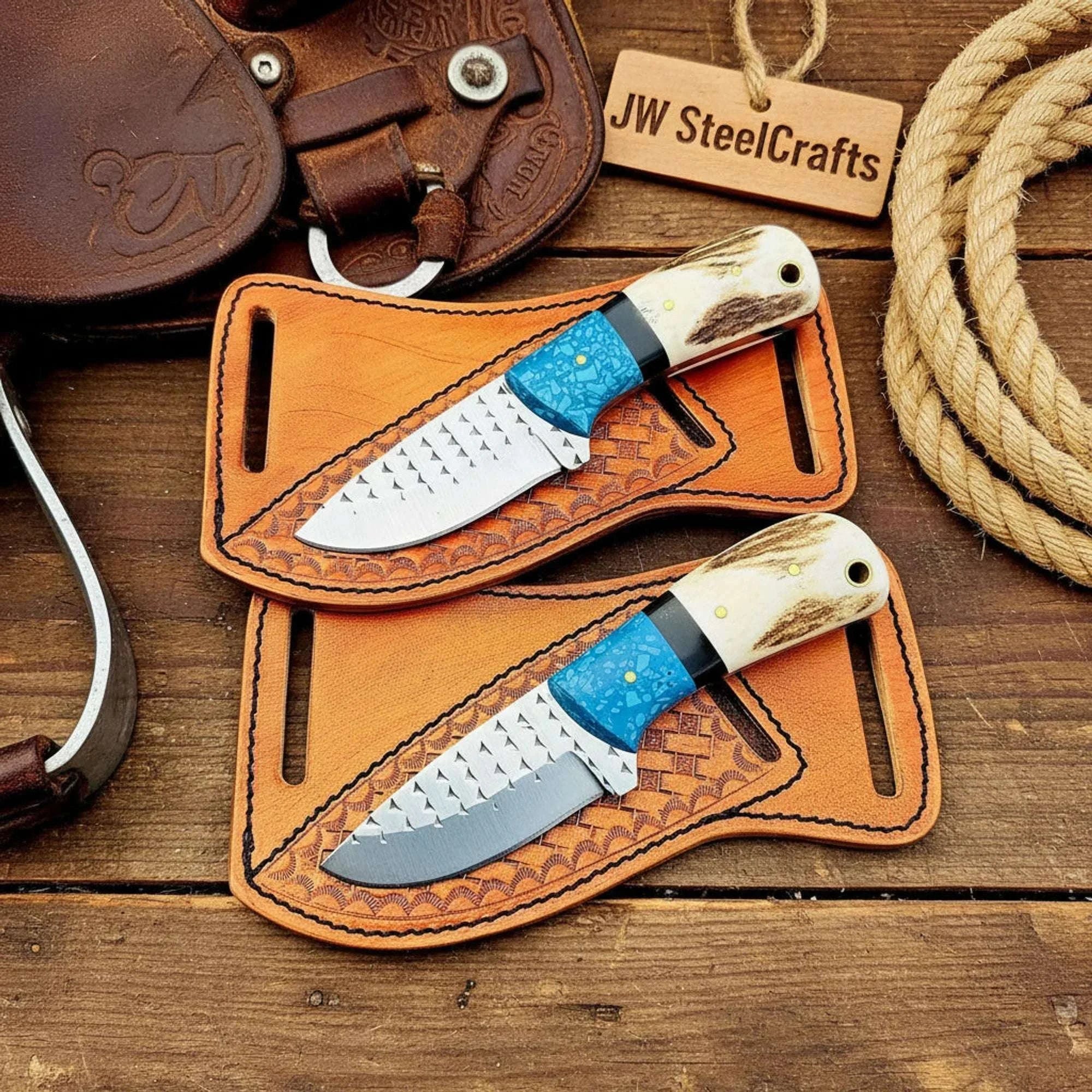 Palmarius Outdoors Handmade Farrier Knife Set of 2 – 6 Inch Raindrop Damascus Steel with Resin Pinecone Handle Forge File Knives