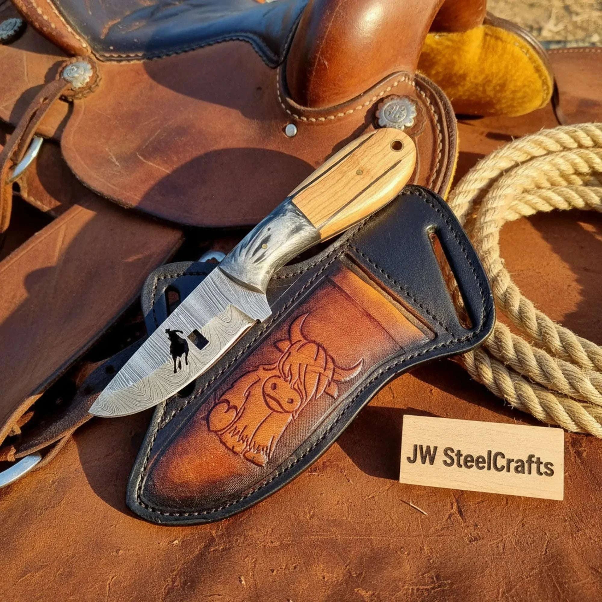 Palmarius Outdoors Barrel Racing Cowboy Knife Engraved Blade Olive Wood Handle Engraved Sheath 6"