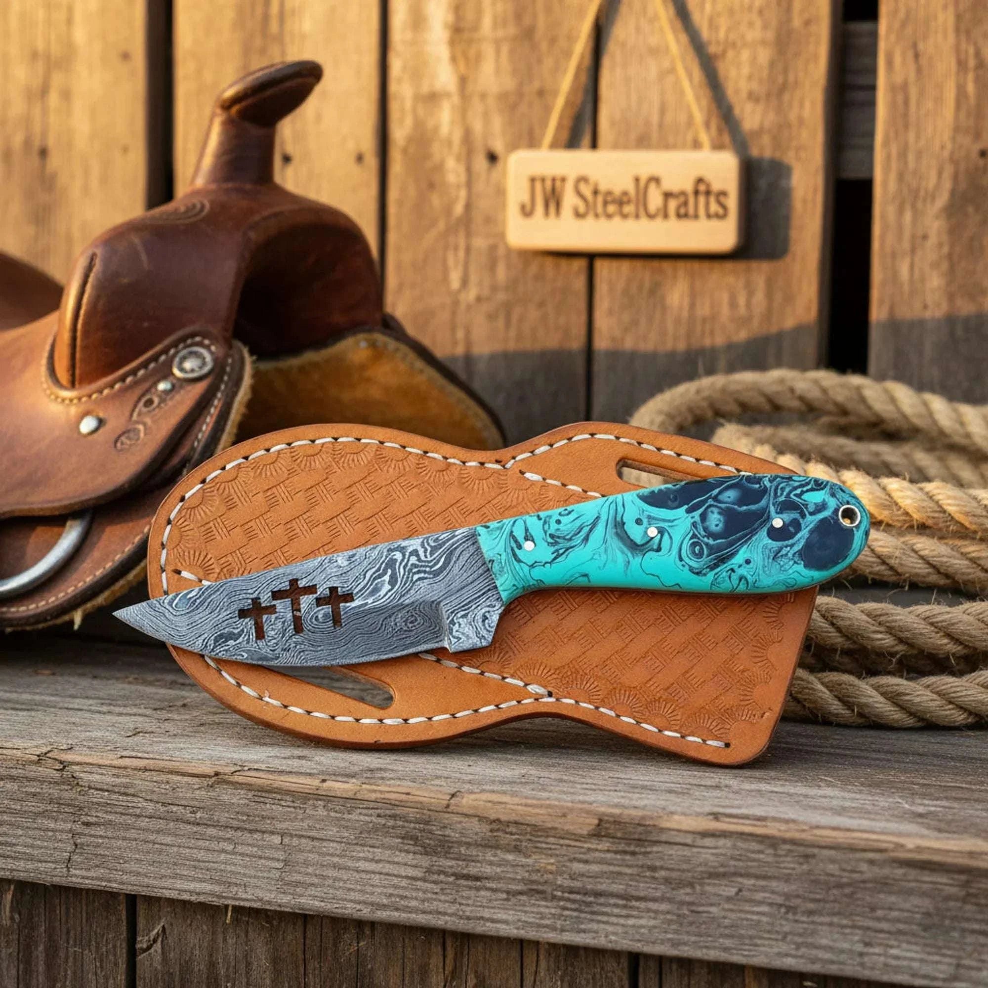 Palmarius Outdoors Three Crosses Cutout Skinner Knife with Teal Resin Handle Skinner Knife