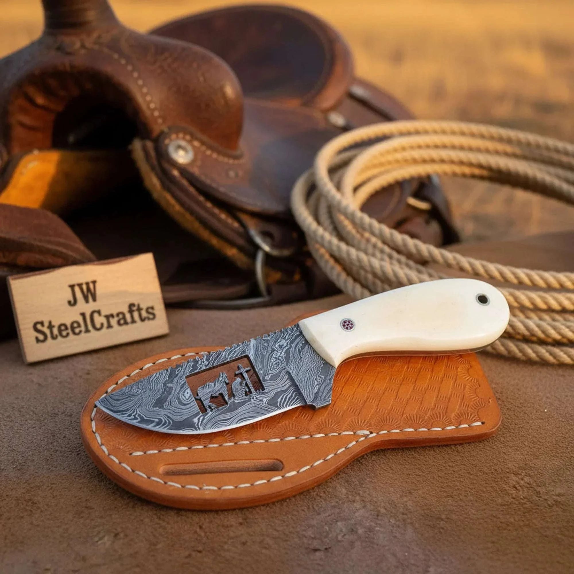 Palmarius Outdoors Praying Cowboy Skinner Knife with Cowboy Prayer Scene and White Resin Handle Skinner Knife