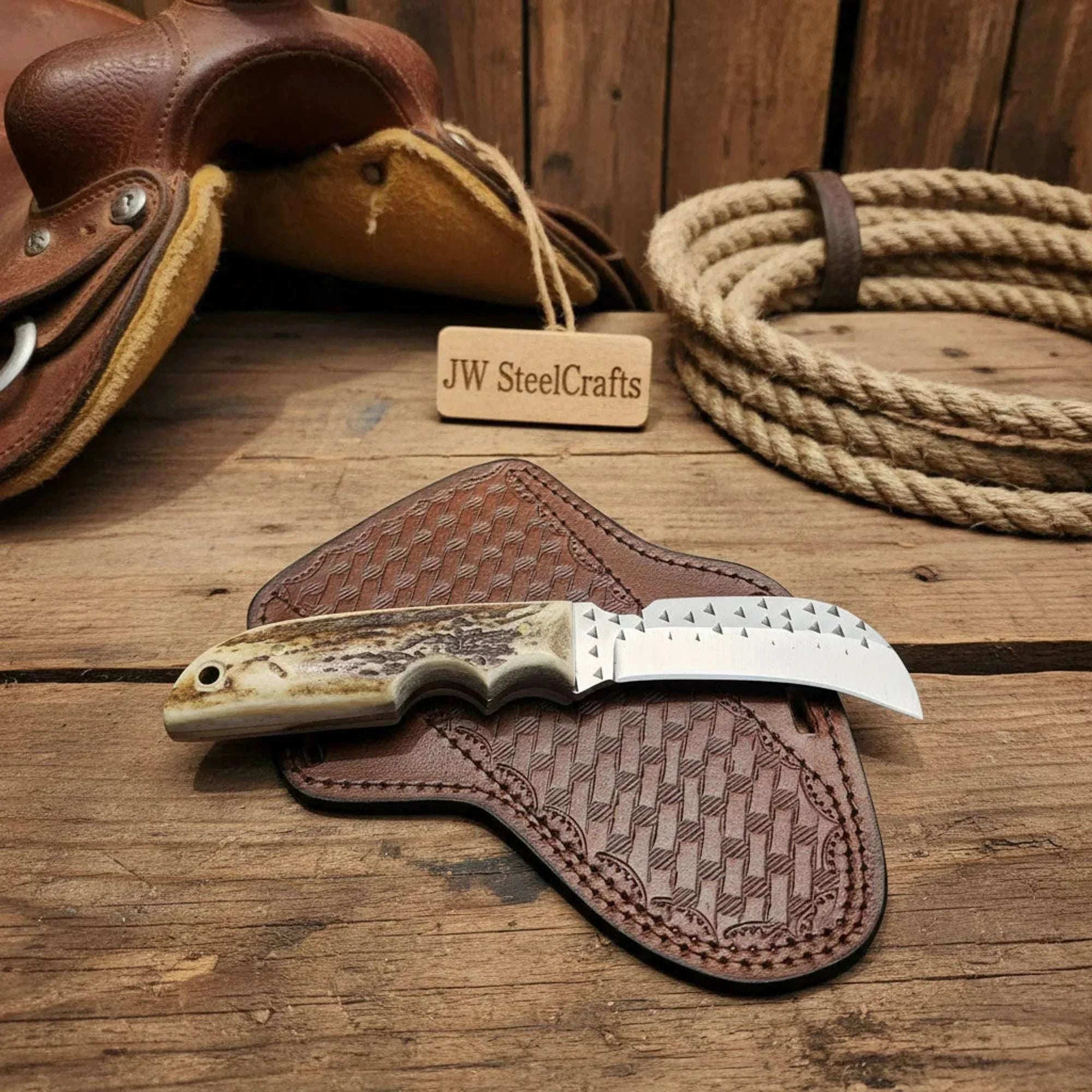 Palmarius Outdoors Buckhorn Skinner Knife 7" Damascus Steel Blade with Natural Stag Horn Handle Skinner Knife