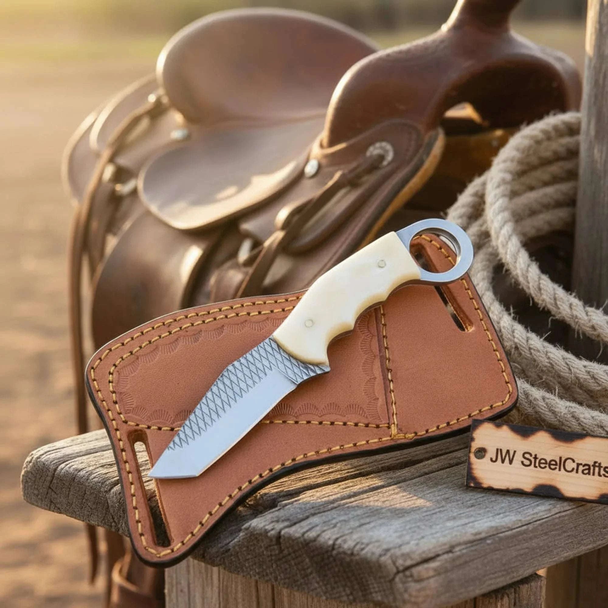 Palmarius Outdoors Rasp Steel Ring-Handle Tanto Knife with White Resin Ring Handle and Cross-Draw Sheath Tanto Knife