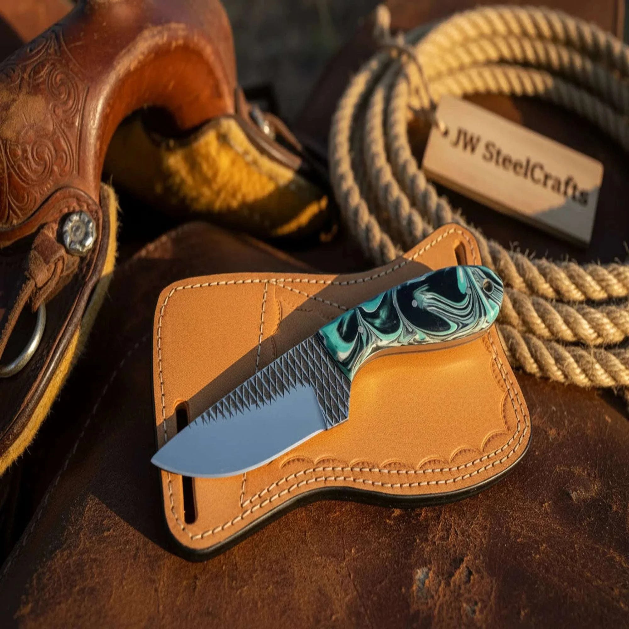 Palmarius Outdoors Custom Rasp Steel Skinner Knife with Turquoise Resin Handle