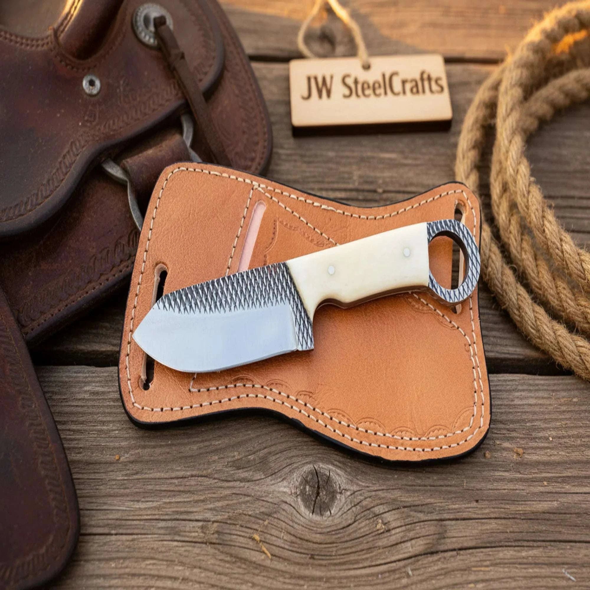 Palmarius Outdoors Rasp Ring Handle Skinner Knife with White Resin Handle Forge File Knives