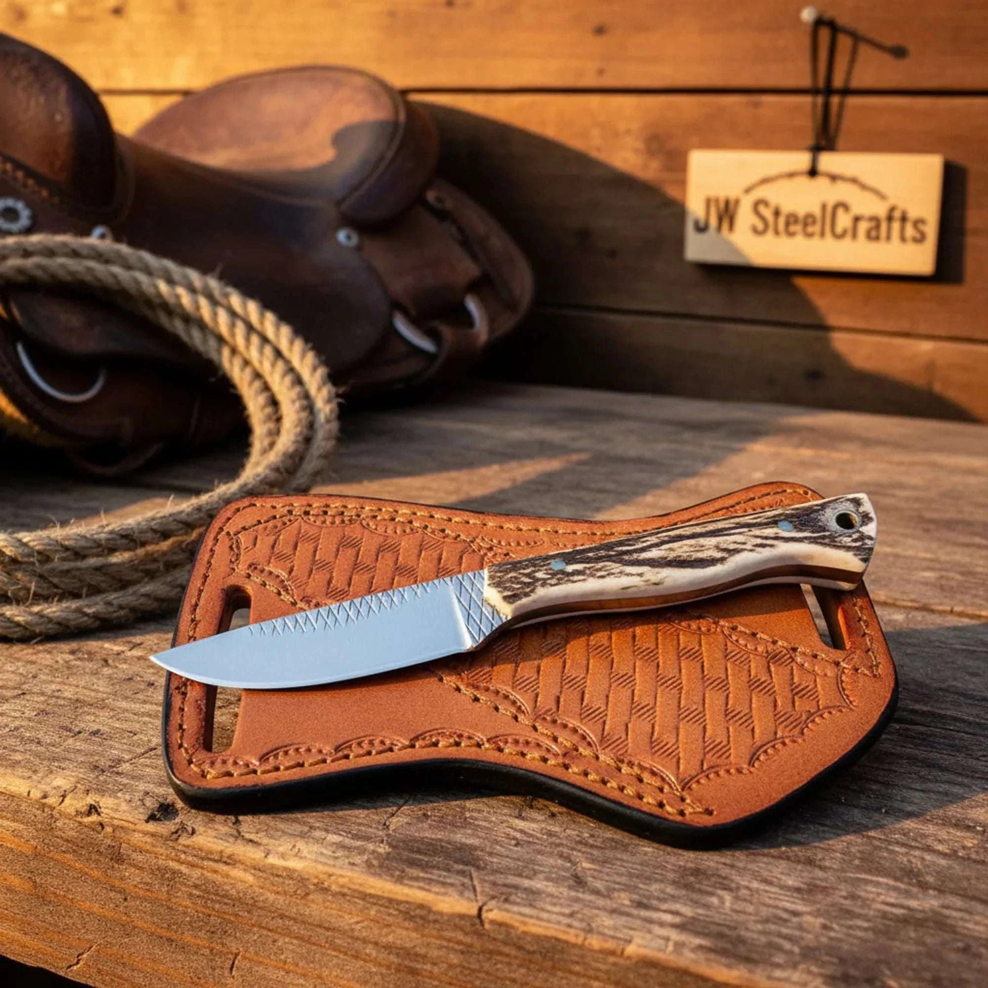 Palmarius Outdoors Rasp Steel Skinner Knife with Stag Horn Handle Skinner Knife