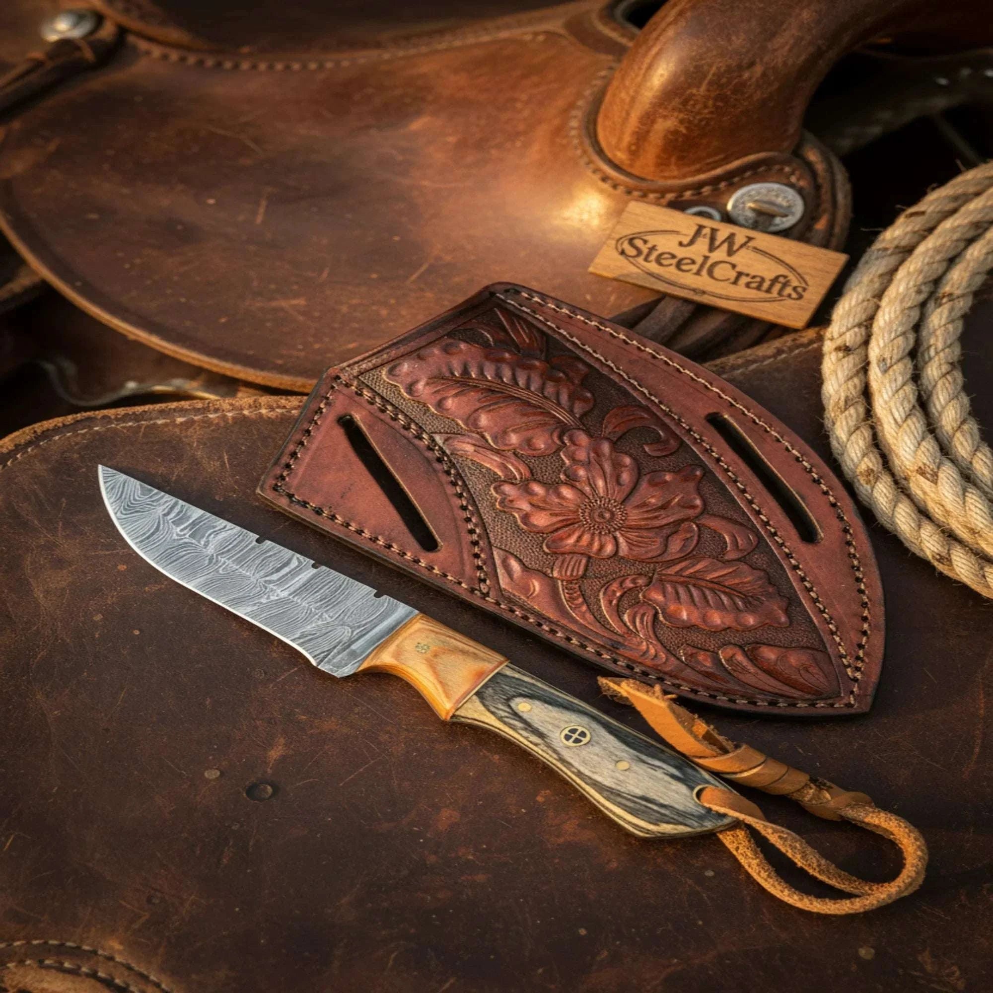 Palmarius Outdoors Timber Inlay Ranch Knife 7" Olive Pakka Wood Handle Full Tang Western Tooled Leather Sheath Hunting Knife