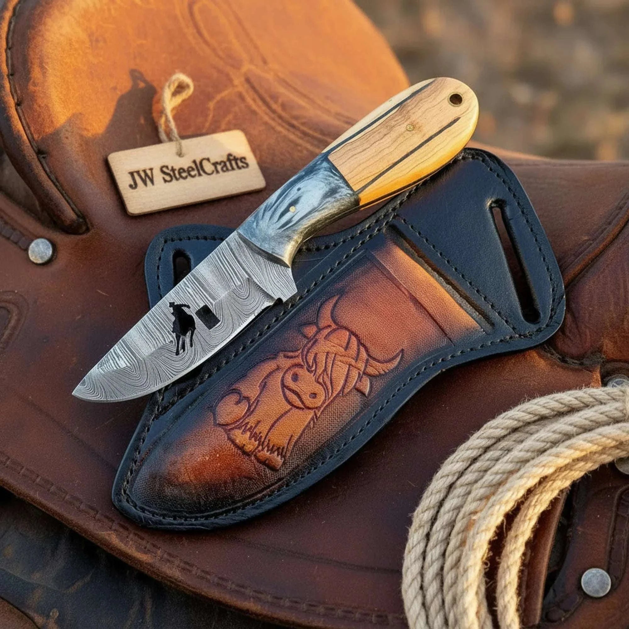 Palmarius Outdoors Handmade Damascus Knife, Cowboy Engraved Blade, Pakka Olive Wood Handle, 7" Fixed
