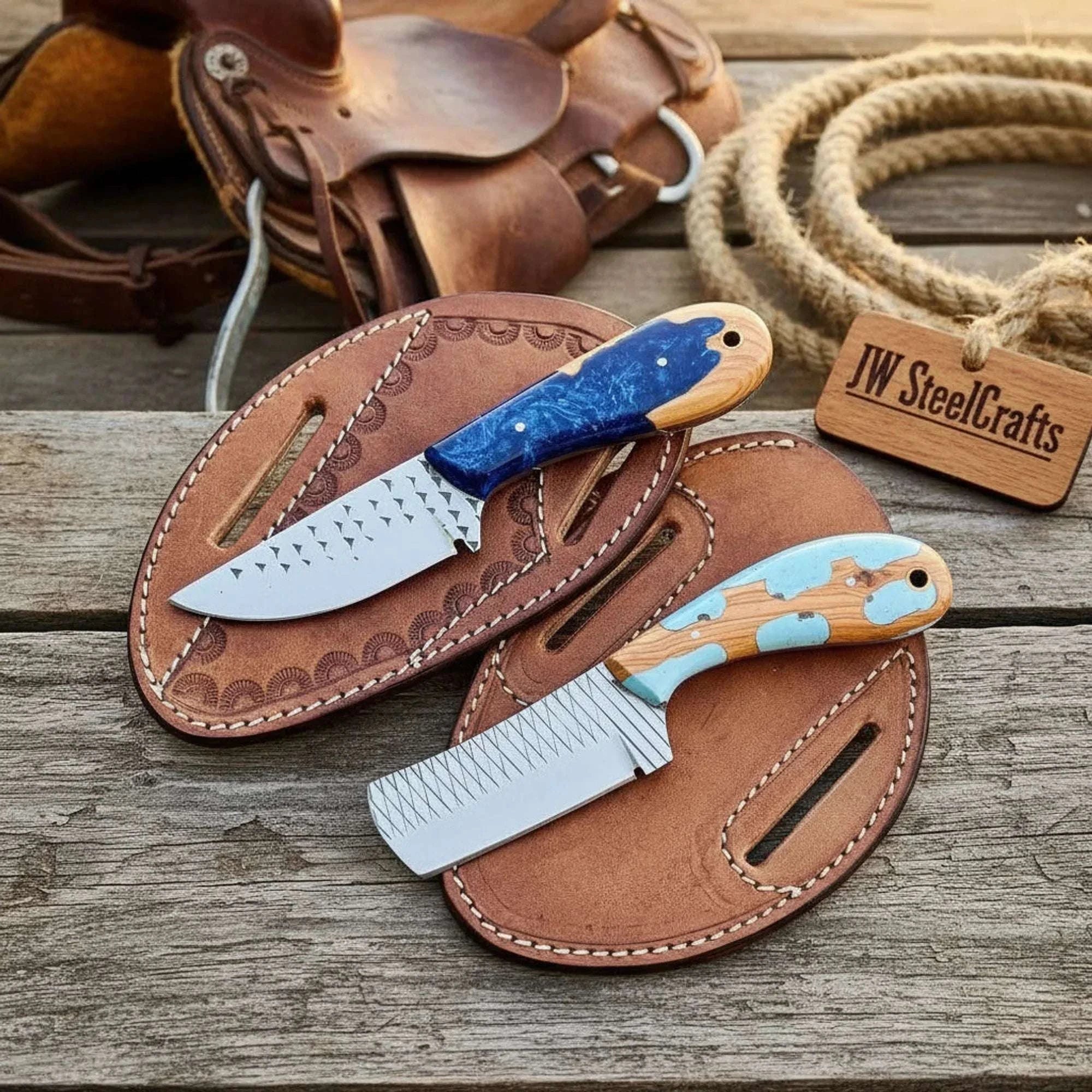 Palmarius Outdoors Ranchland Duo Cowboy Skinner Set of 2 Blue Resin Olive Wood Handle Western Pancake Sheath