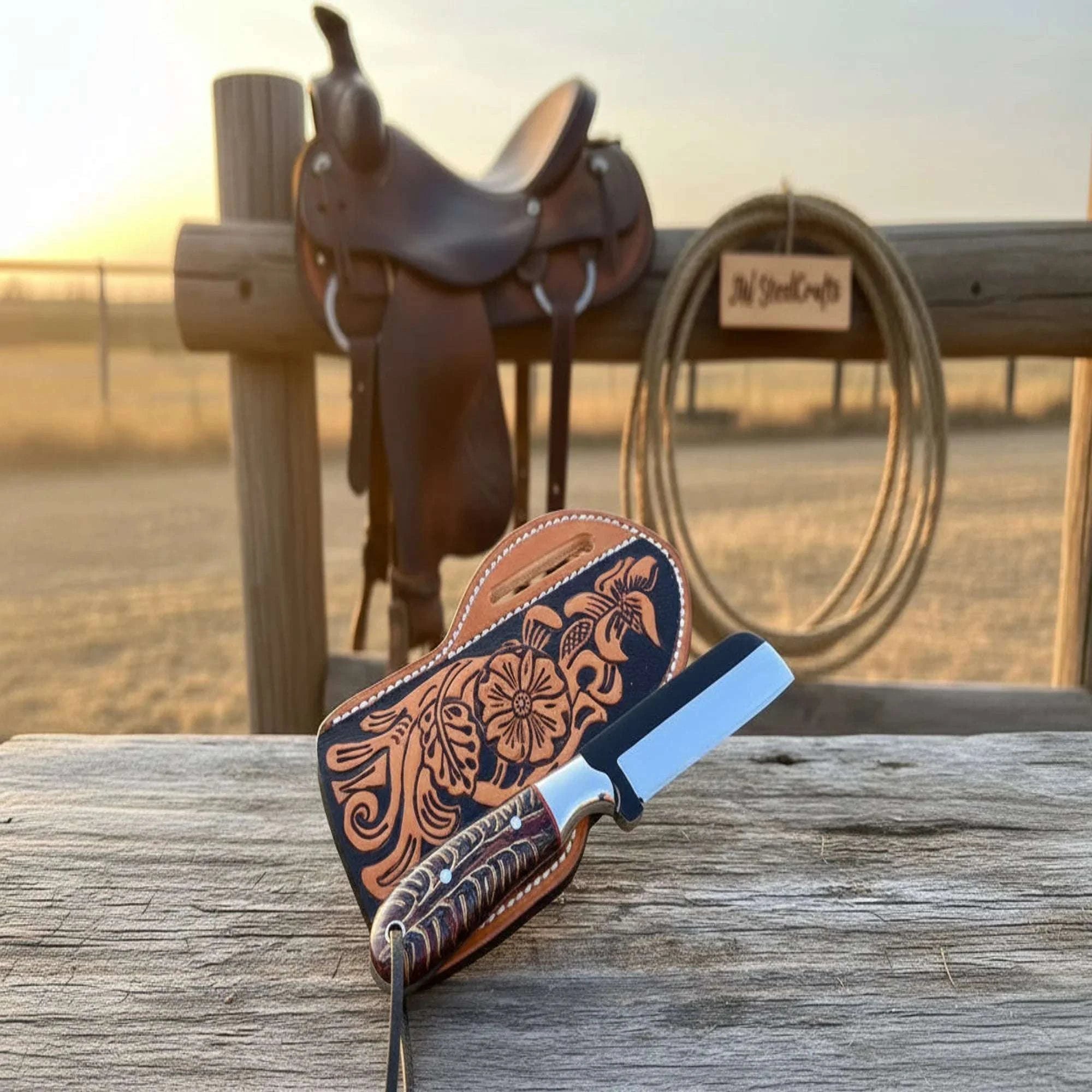 Palmarius Outdoors Floral Straight Cowboy Cleaver 7 Inch, Pinecone Resin Handle, Steel Bolster, Leather Sheath Survival Knife