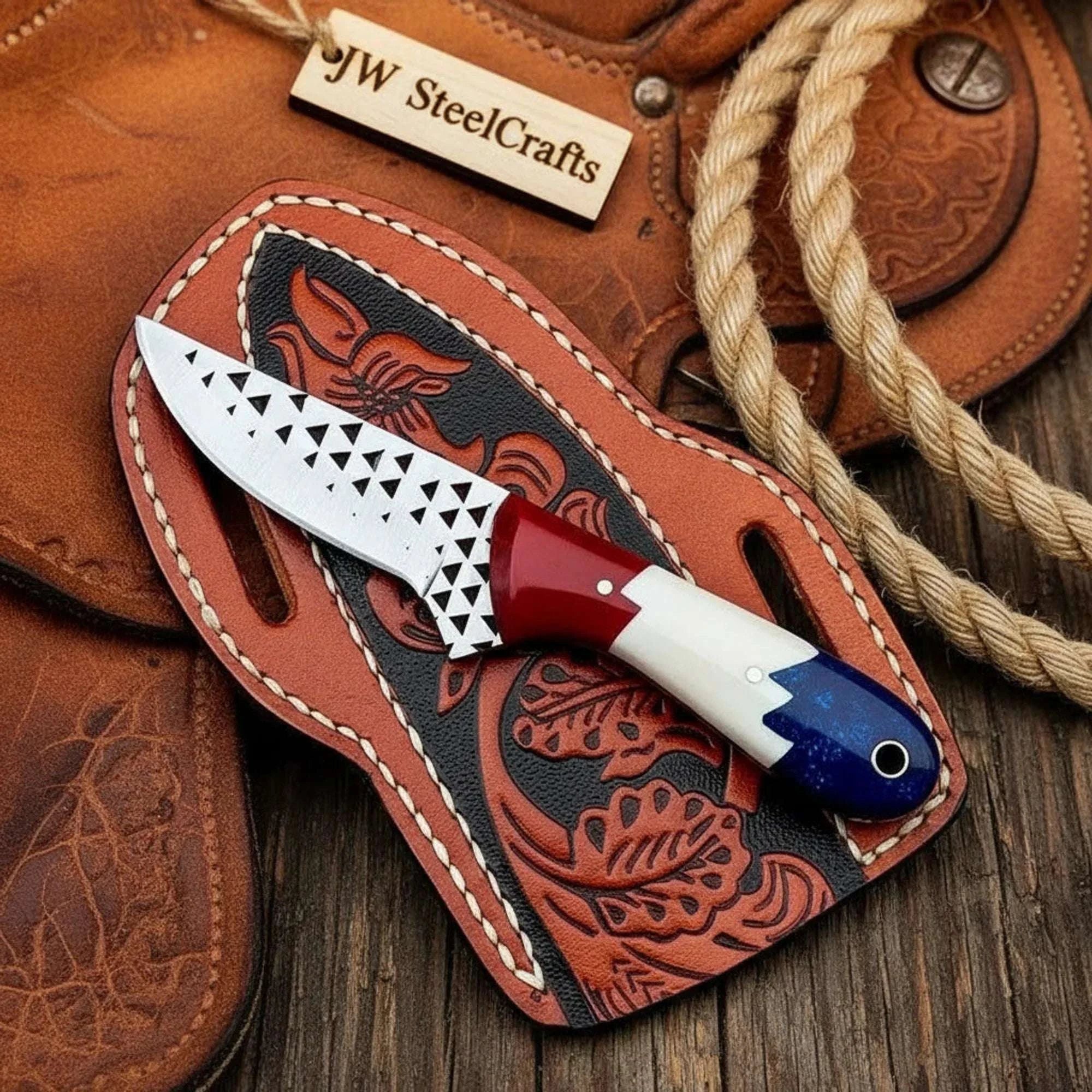Palmarius Outdoors Old Glory Cowboy Skinner Knife Patriotic Resin Handle Full Tang Western Engraved Sheath 7" Survival Knife