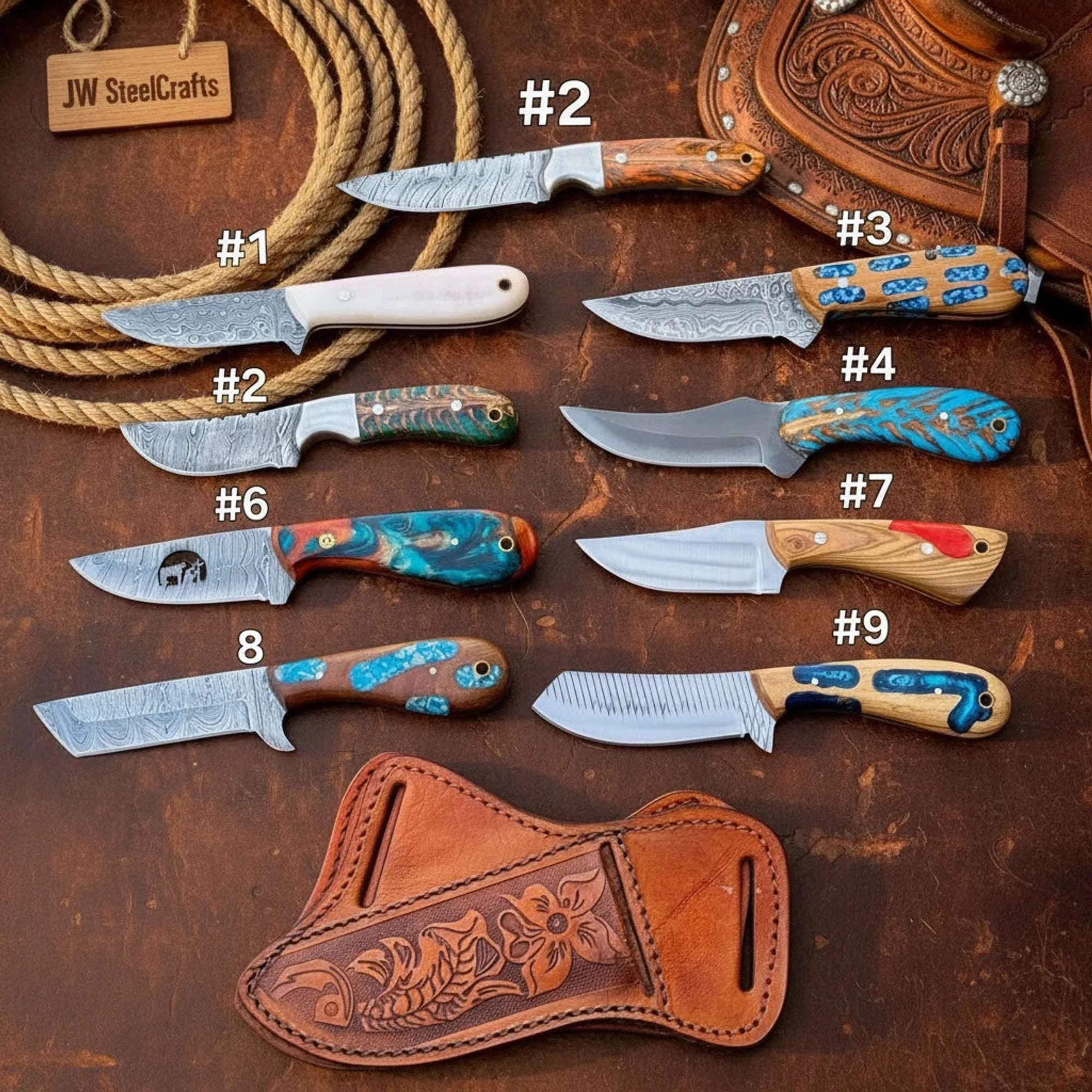 Palmarius Outdoors Mini Damascus Cowboy Skinners Set of 9 Multi Color Resin Handle Damascus Rasp Steel Skinner