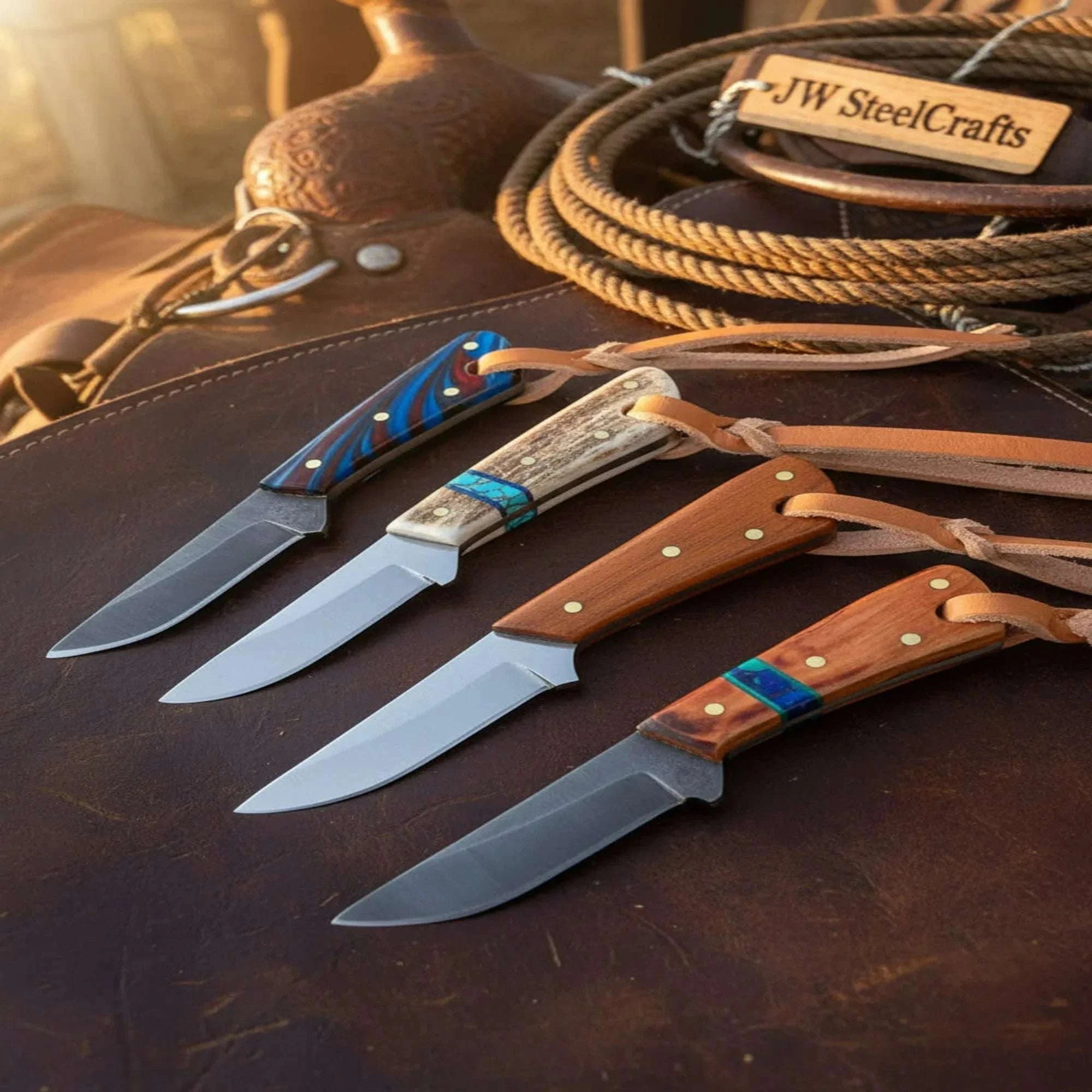 Palmarius Outdoors Turquoise Trail Steak Knives 8" Damascus Steel Blades with Turquoise Resin Handle cowboy knives