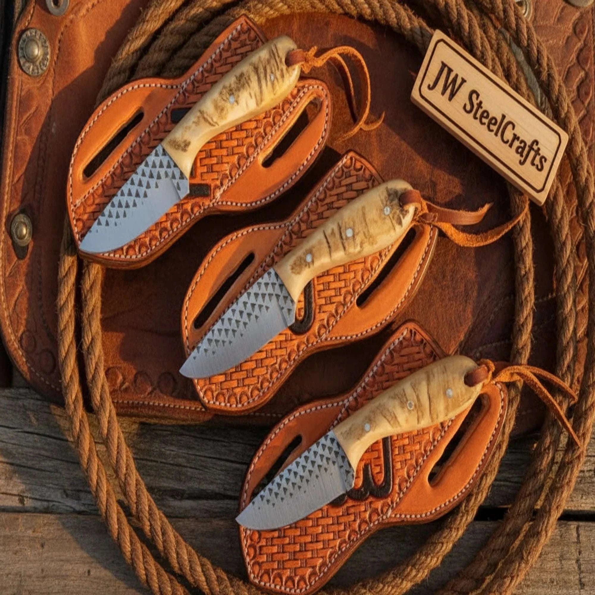 Palmarius Outdoors Farrier Rasp Cowboy Knife Set with Ram Horn Handles Hunting Knife