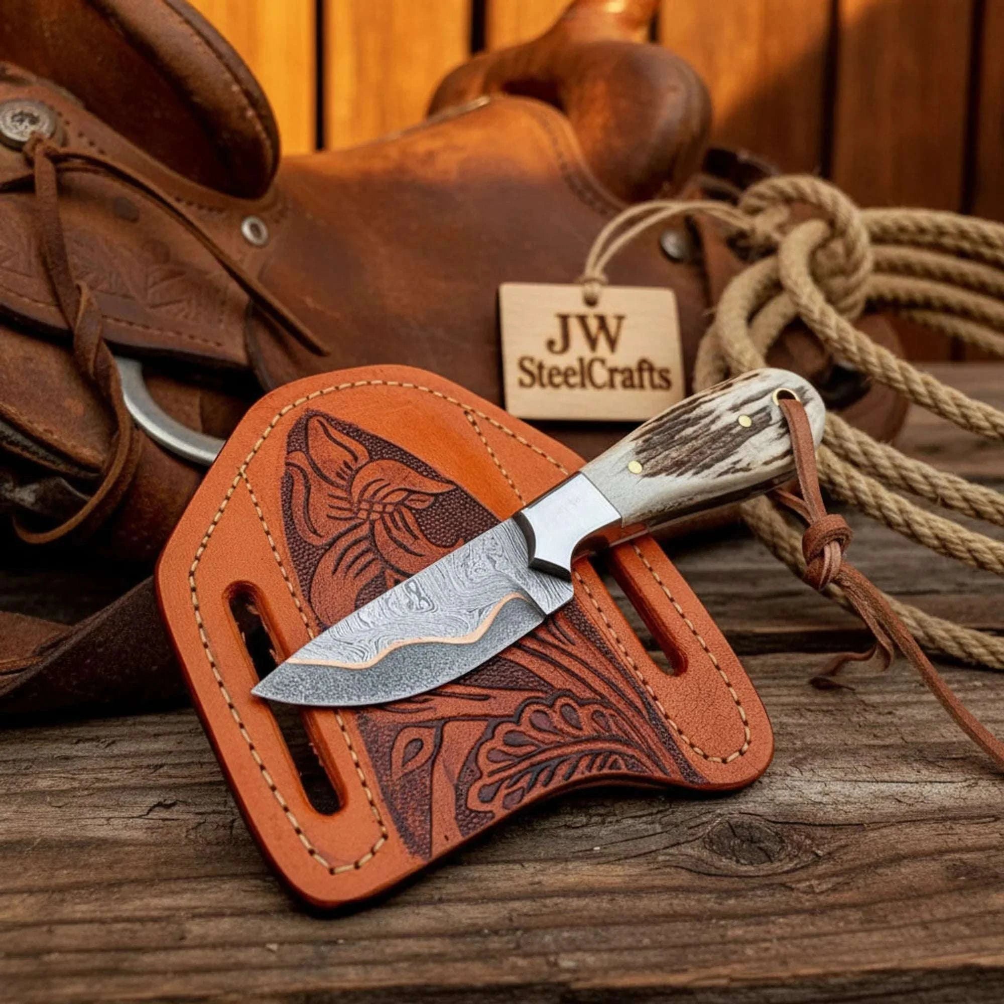 Palmarius Outdoors Handmade Copper Layer Damascus skinner with Stag Horn Handle