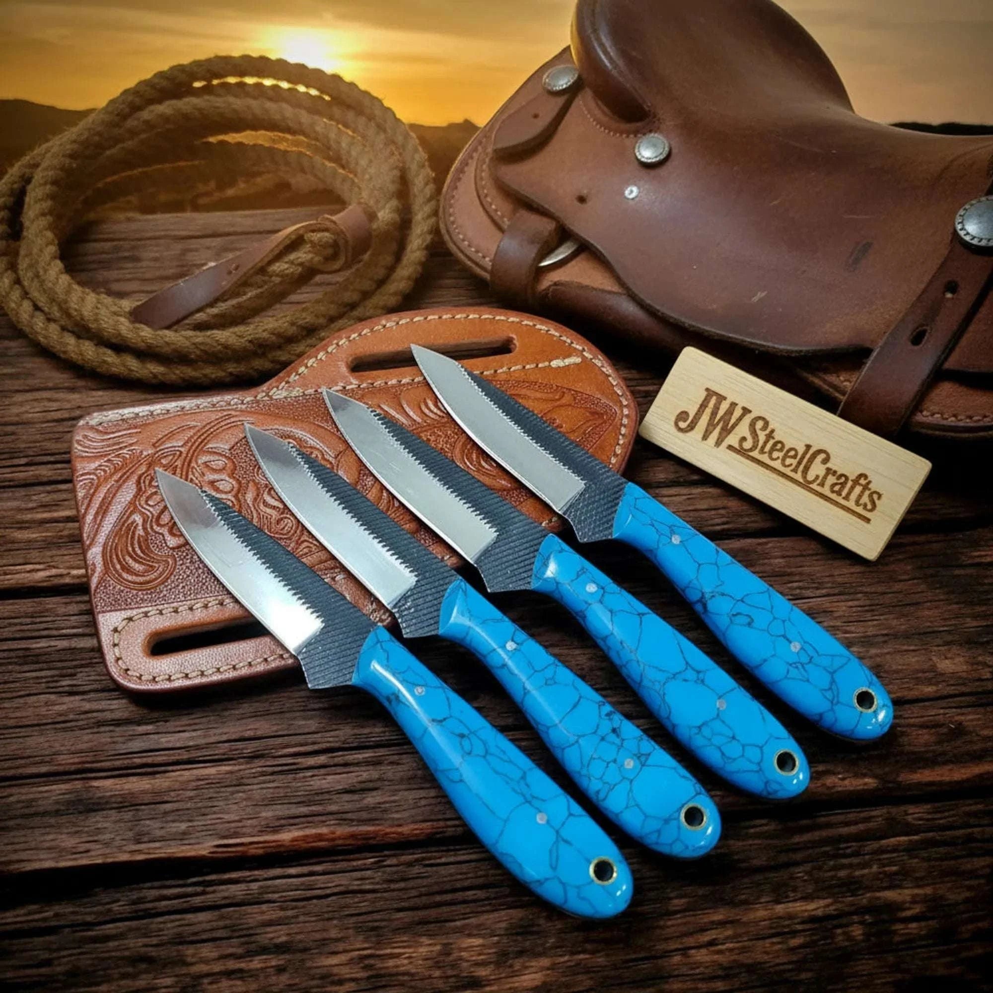 Palmarius Outdoors Two-Tone Turquoise EDC Skinner Set of 4, Turquoise Blue Resin Handle, Leather 7" Skinner Knife