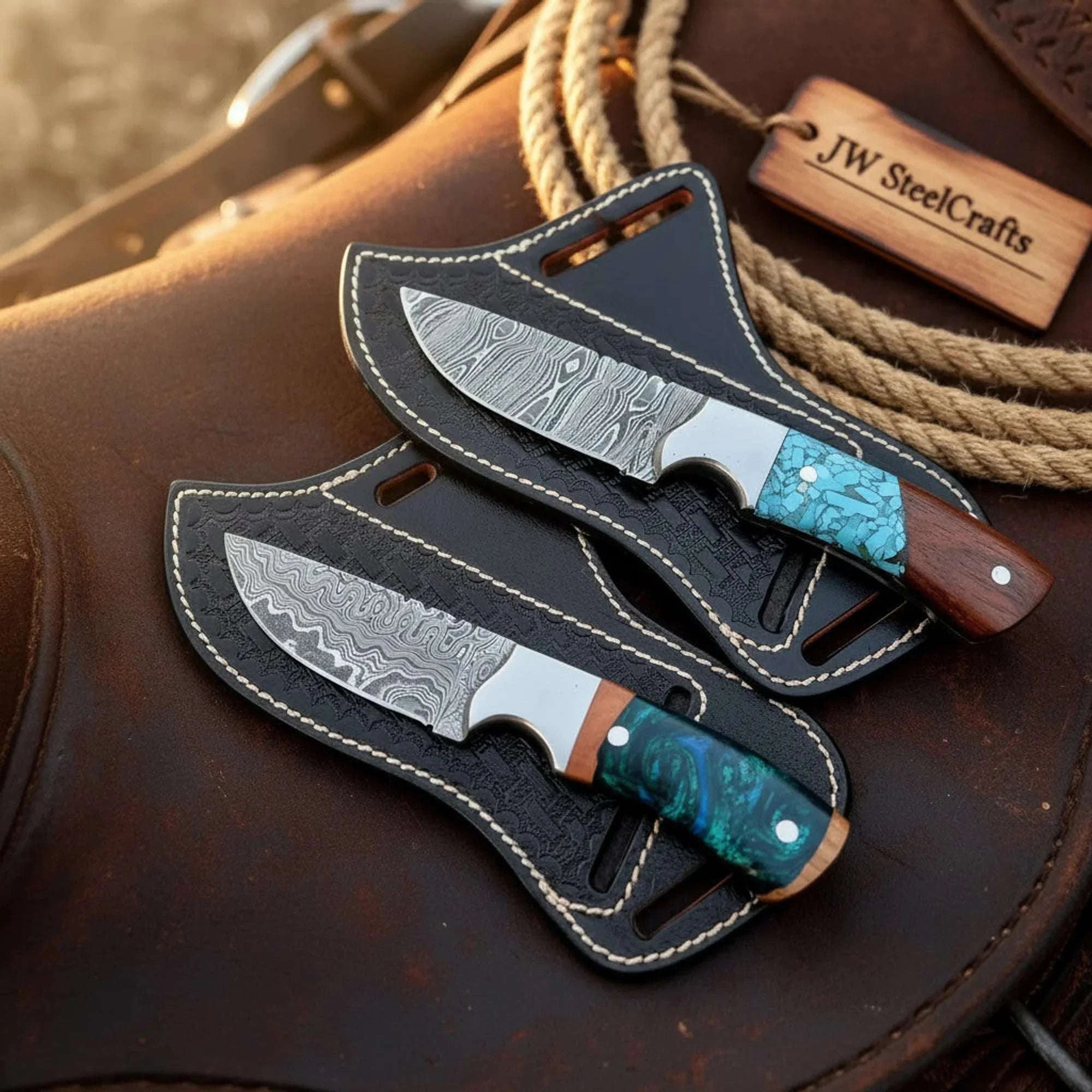 Palmarius Outdoors Twin Turquoise Skinner Knife Set of 2 Resin Wood Handle Steel Bolster Cross Draw Sheath Skinner knife