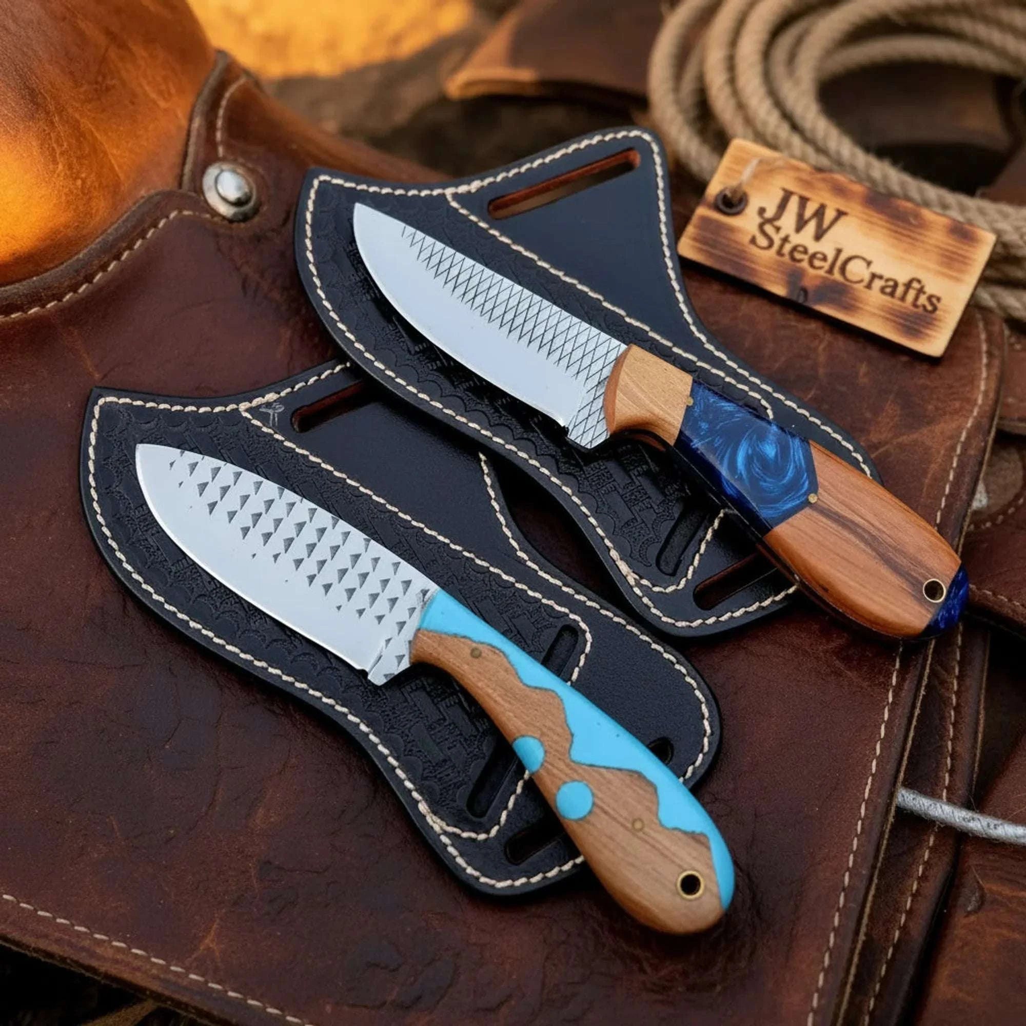 Palmarius Outdoors 2 Piece Ranch Cowboy Knives with Olive Wood and Blue Resin Handles Hunting Knife
