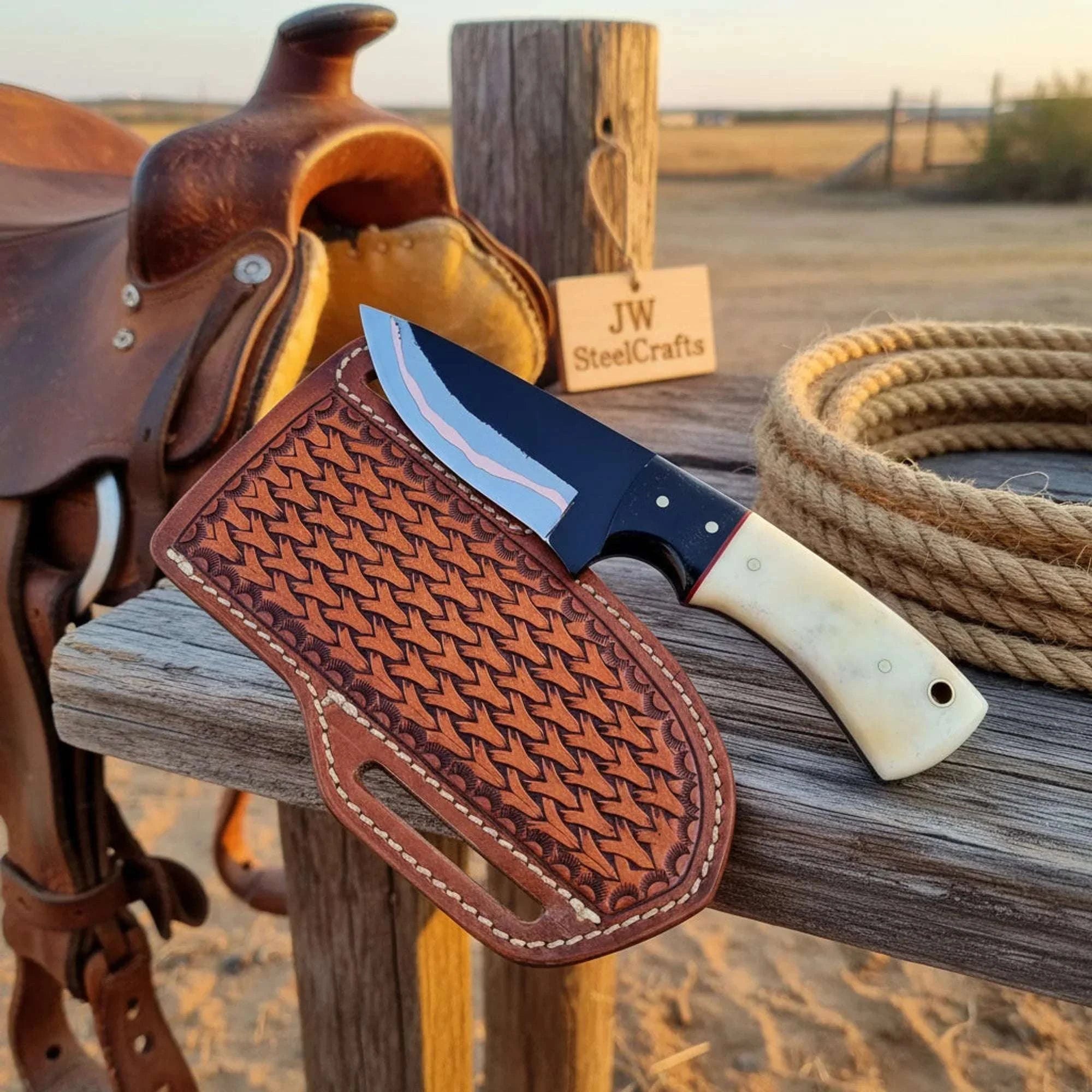 Palmarius Outdoors D2 Steel Cowboy Tracker Knife 7" Black Coated Carbon Steel Camel Bone Black Resin Handle