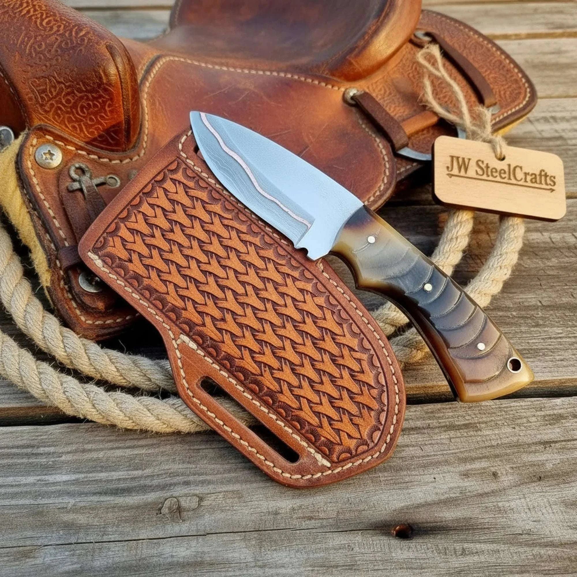 Palmarius Outdoors Copper Damascus Knife with Ram Horn Handle, 7" Full Tang